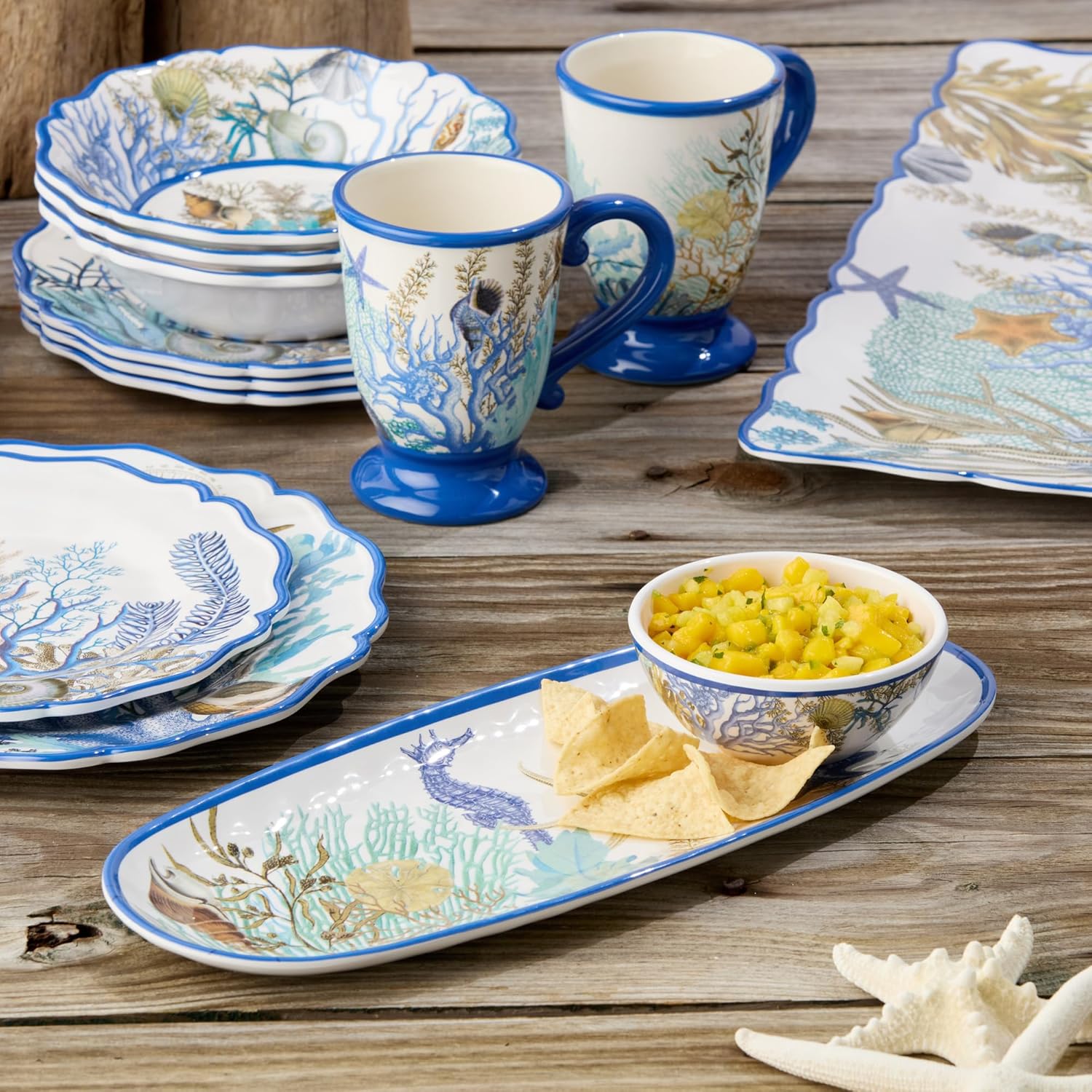 Blue Lagoon Cheese Plate & Oval Tray Set – Coastal Melamine Serveware with Dip Bowl & Cheese Knife for Charcuterie, Appetizers, Seafood & Snacks – Shatterproof, Indoor/Outdoor Entertaining