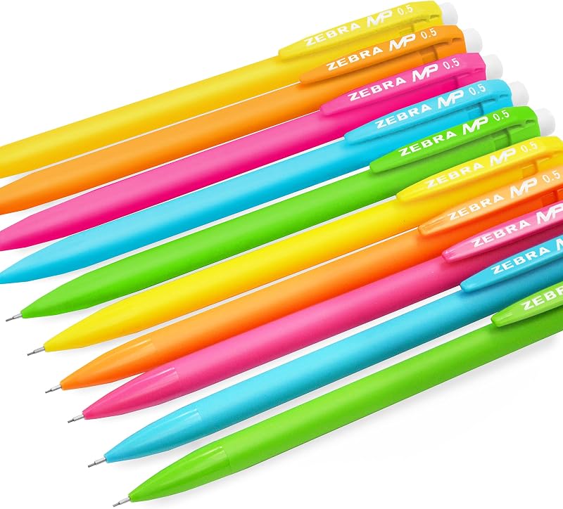 Zebra MP Mechanical Pencil - 0.5mm Fine Nib - Graphite Lead - Neon Set of 10