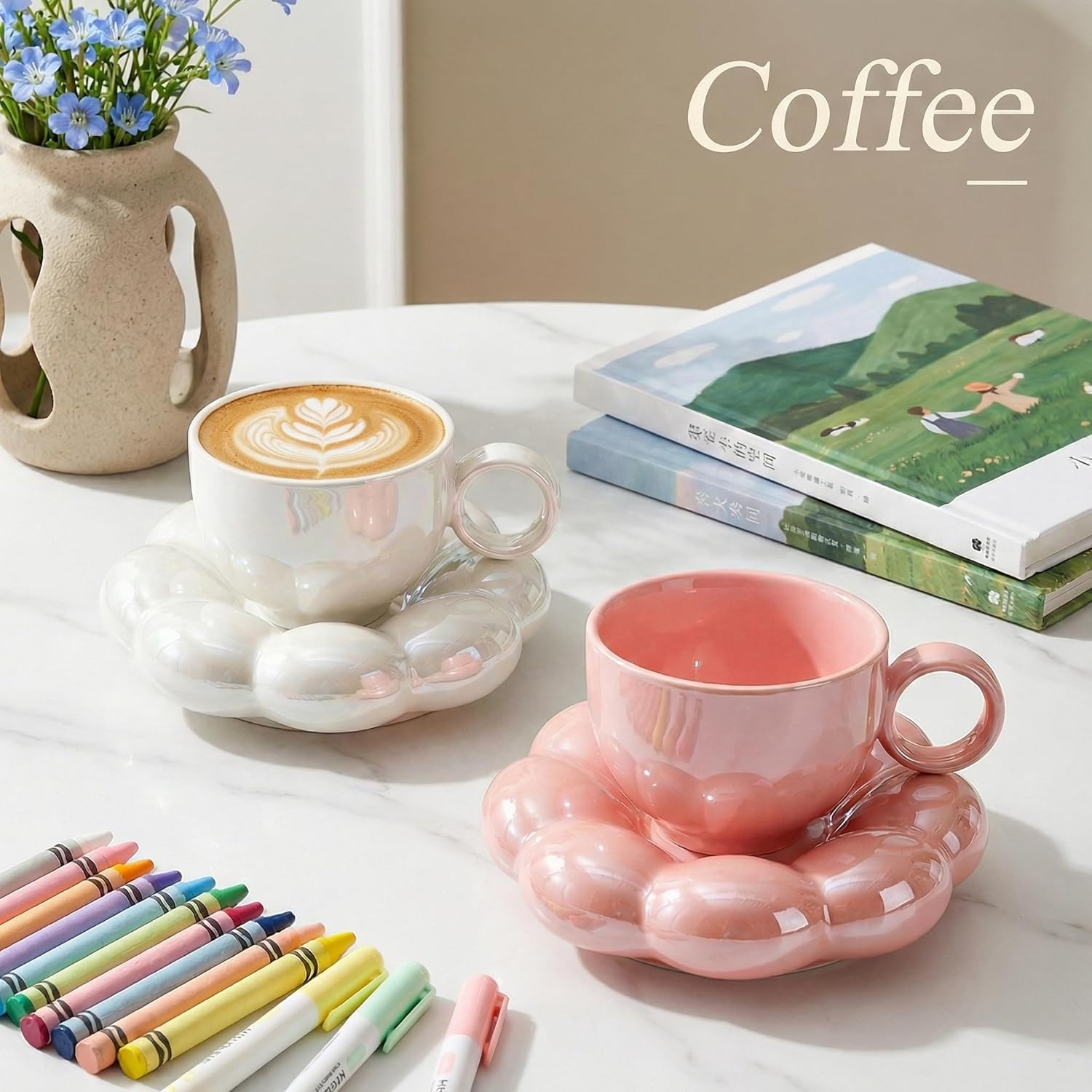 Goaste 2 Pack Ceramic Coffee Mug with Saucer Set, Cute Cloud Mug with Sunflower Coaster, 8oz Creative Latte Tea Cup for Office, Home, Coffee, Tea, Latte, Milk, Pink, Pearl White - Image 6