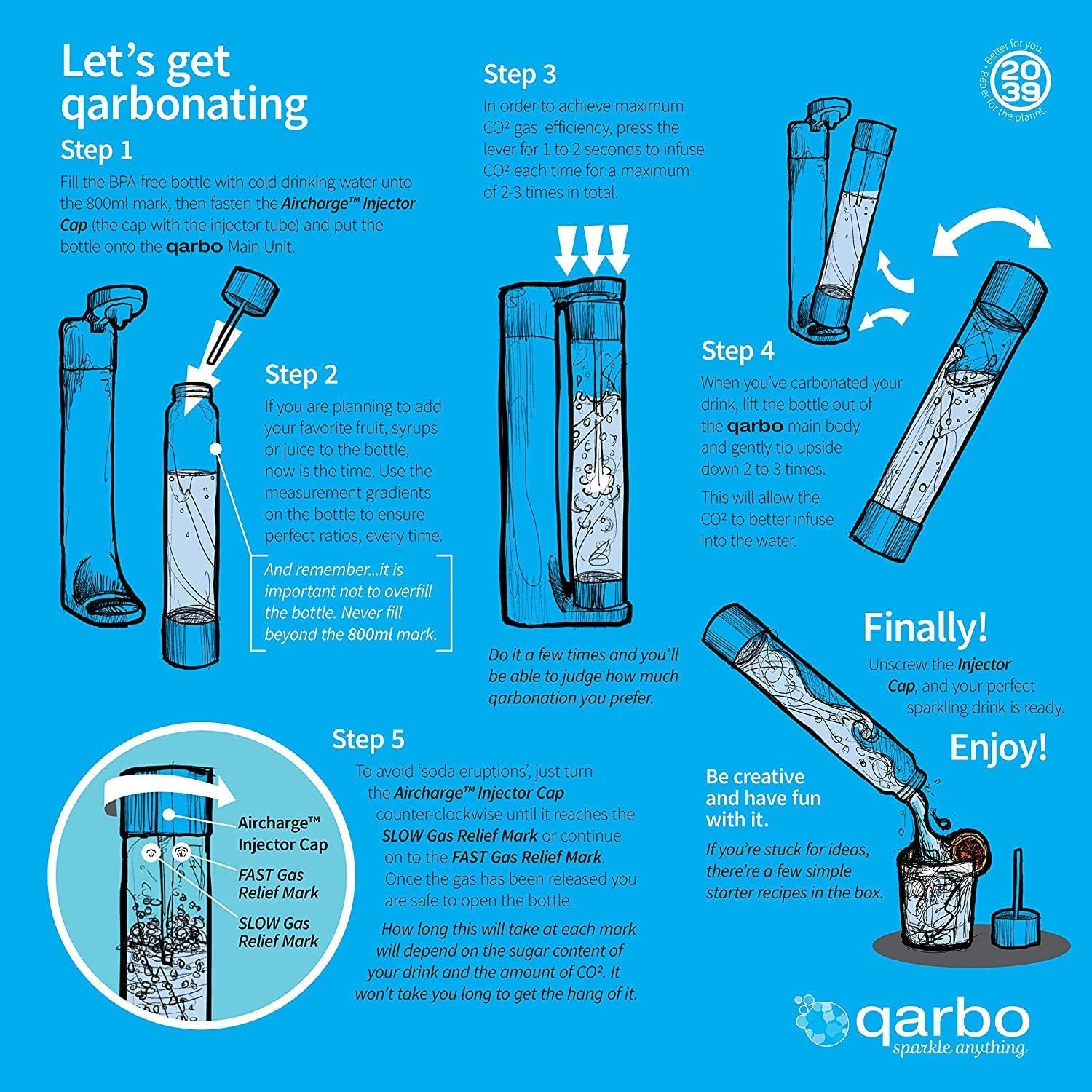 Twenty39 qarbo CLASSIC 1L Water Bottles for Sparkling Water Maker and Fruit Infuser - Set of 2 (Chrome)