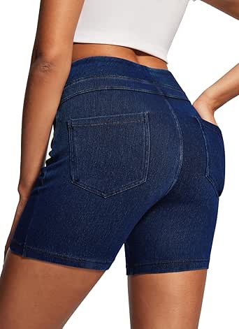 Stretchy Jean Shorts Womens High Waisted Denim Shorts for Women with Pockets Pull On Jorts Casual Womens Shorts