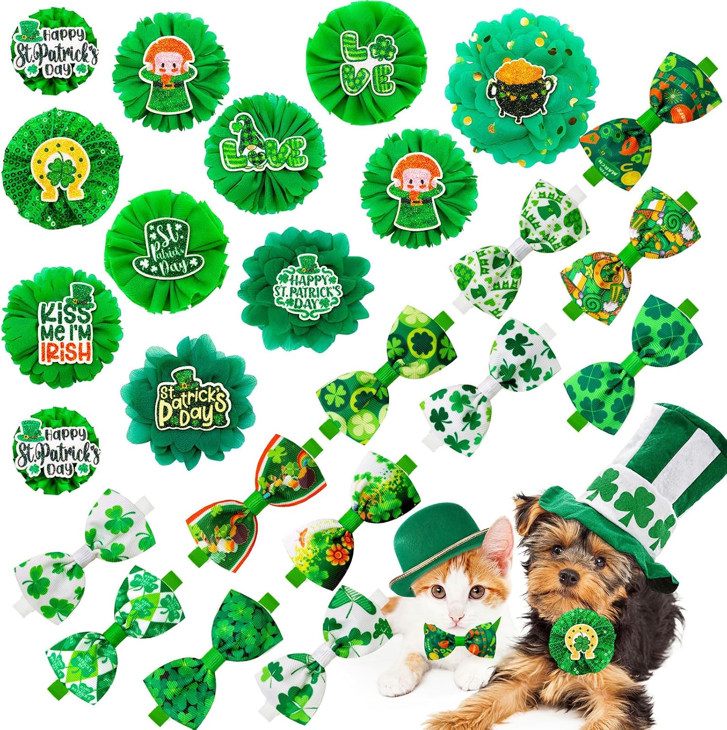 24pcs St.Patrick's Day Dog Bow Ties, Adjustable Green Pet Small Dog Collar Attachment Grooming Bowties, Lucky Clover Dog Bow Ties for Holiday Festival Puppy Dog Collar Accessories