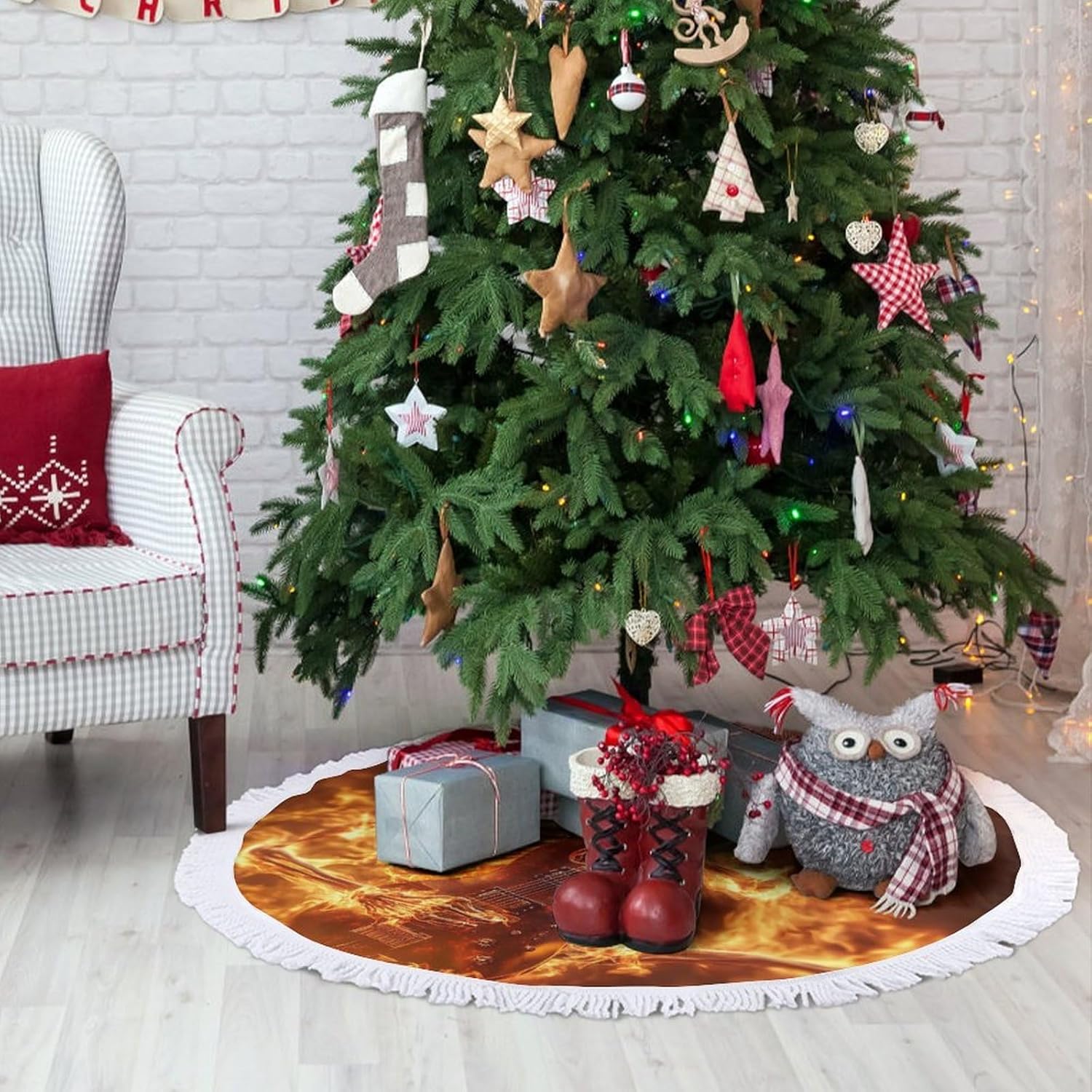 Human Skeleton Playing Guitar in Fire Christmas Tree Skirt Round Xmas Tree Mat Ornaments Tree Skirts with Tassels for Holiday Party