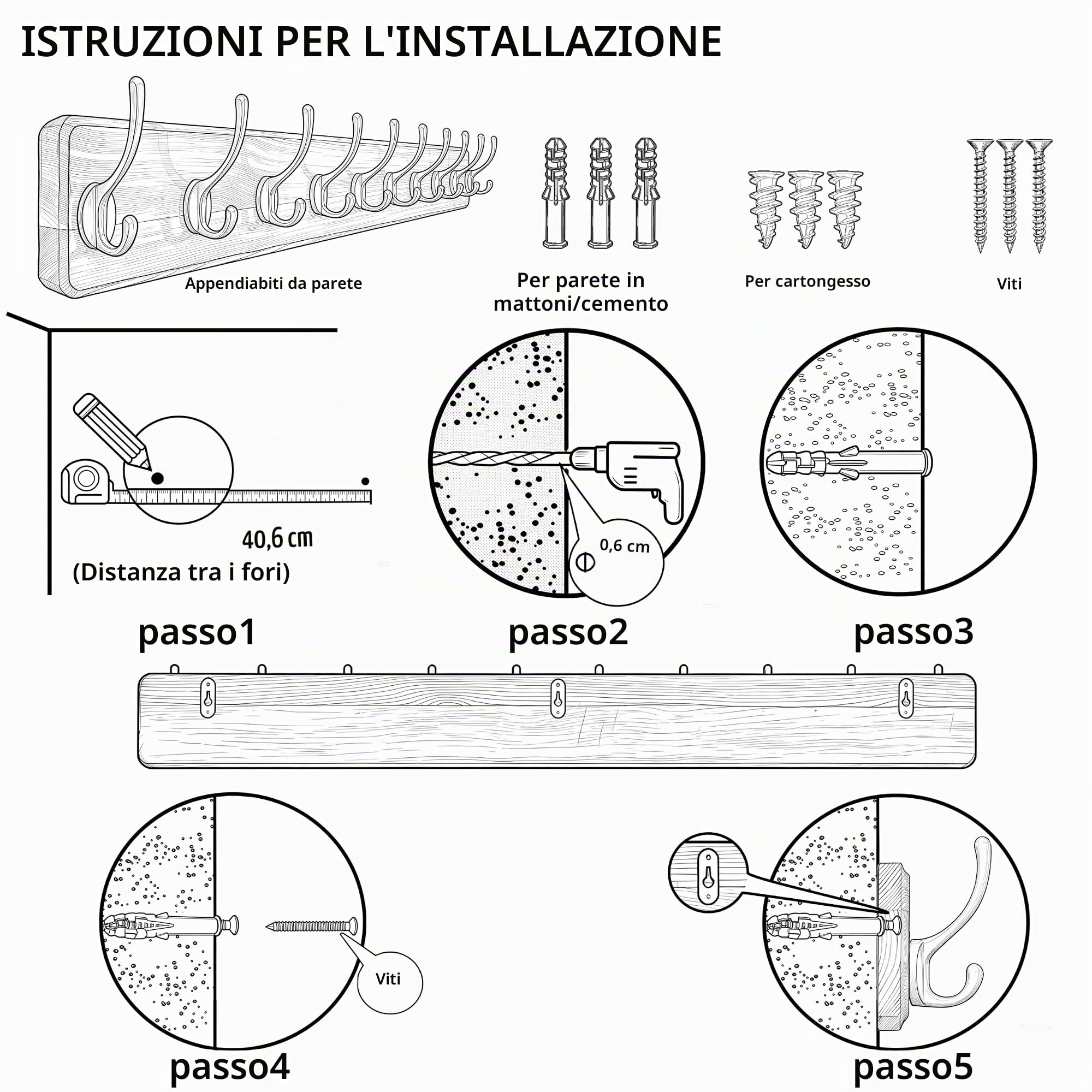 WEBI Appendiabiti da Parete,Attaccapanni da Muro con 5 Ganci,Appendiabiti da Muro Legno,Appendino da Muro,Attaccapanni da Parete per Ingresso Cappotto,Vestiti,Marrone Rustico,2 Pezzi