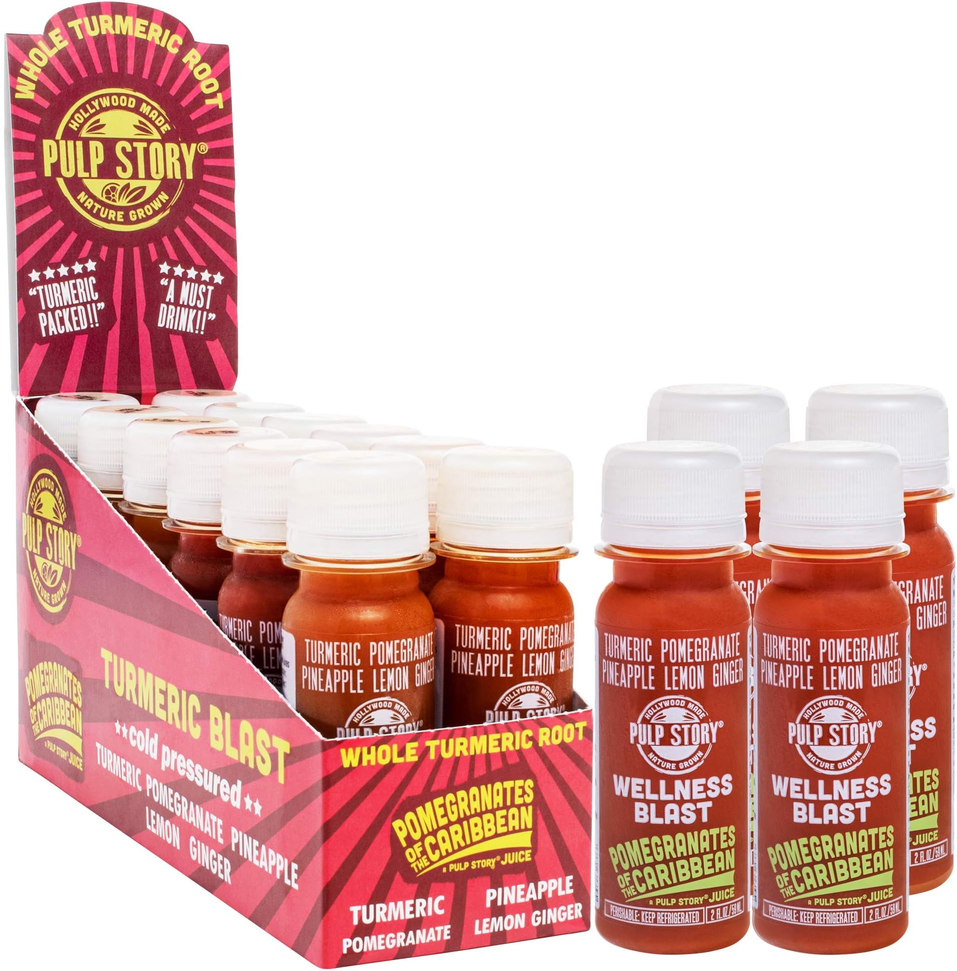 Pulp Story Cold Pressed Juice Shots - Pomegranate & Turmeric Juice with Pineapple, Lemon & Ginger - Organic Health & Wellness Blast - 2 Ounce Single Servings, 16 Count