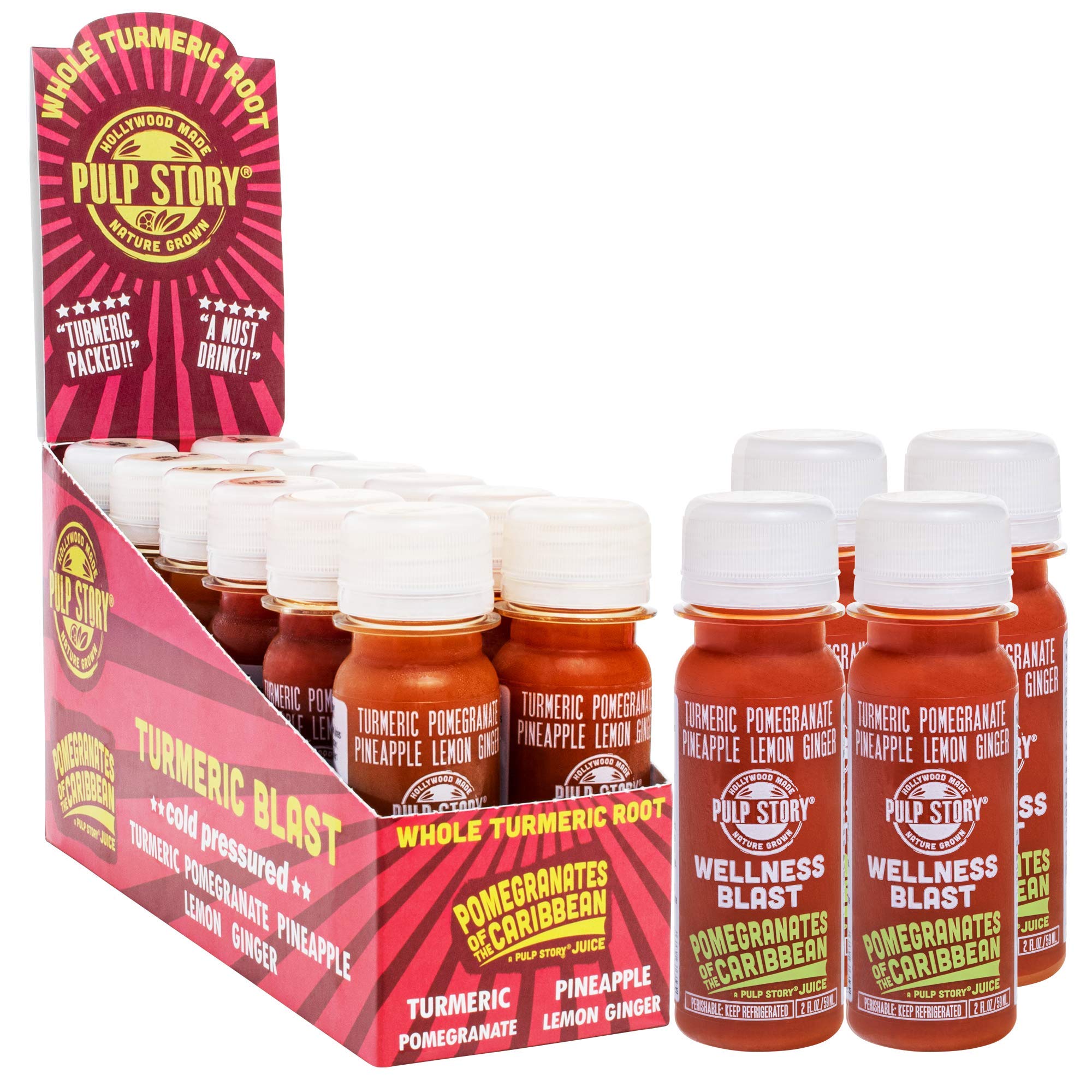 Pulp Story Cold Pressed Juice Shots - Pomegranate & Turmeric Juice with Pineapple, Lemon & Ginger - Organic Health & Wellness Blast - 2 Ounce Single Servings, 16 Count