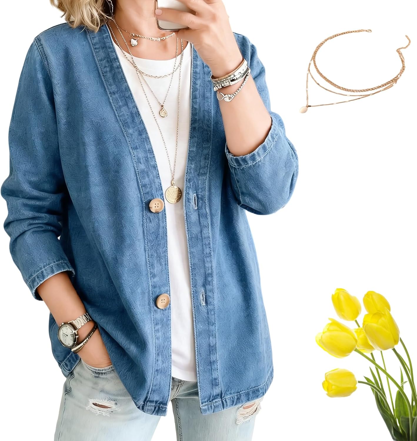 2026 New Women's Classic Button Front Denim Jacket – V-Neck, Breathable Fabric & Relaxed Fit