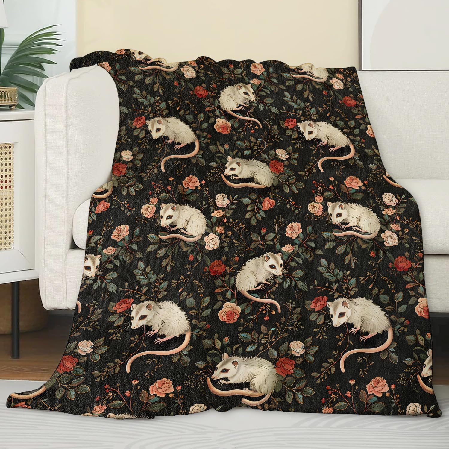 Elegant Opossum Fleece Blanket, Soft Throw with Floral Botanical, Lightweight Cozy Blankets for All Seasons, Vintage Home Decor and Gifts for Flower and Animal Lovers, 50x60 Inch - Image 2