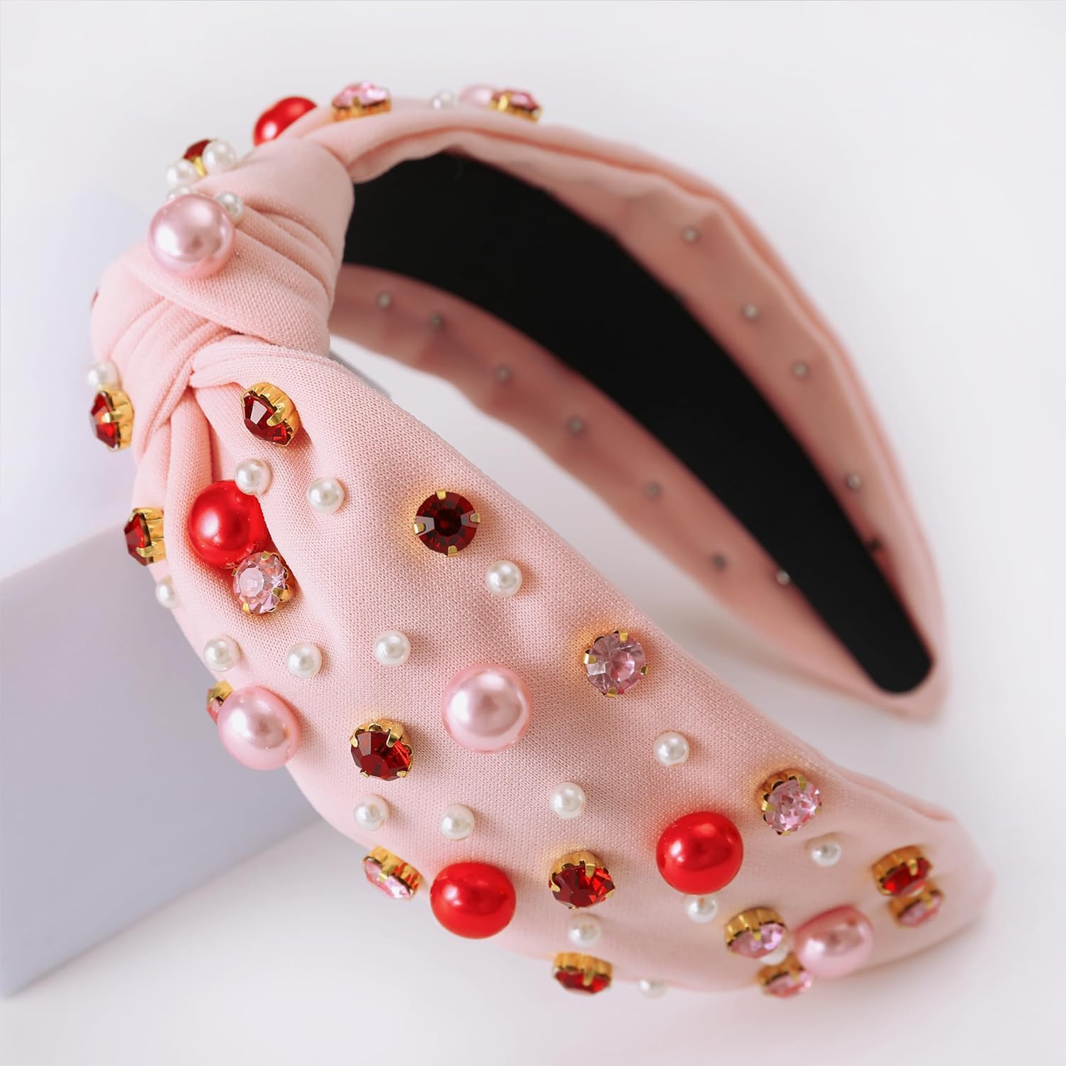 Valentines Day Headband for Women Pearl Rhinestone Knotted Headband Beaded Crystal Jeweled Hairband Wide Top Knot Light Pink Head Band for Ladies Girls Holiday Gift - Image 4