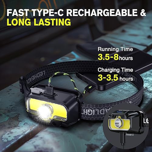 Miniatura 6 de Linterna frontal recargable, 1300 lúmenes, ligera, brillante, con linterna frontal blanca, verde, roja, impermeable, con sensor de movimiento, 14