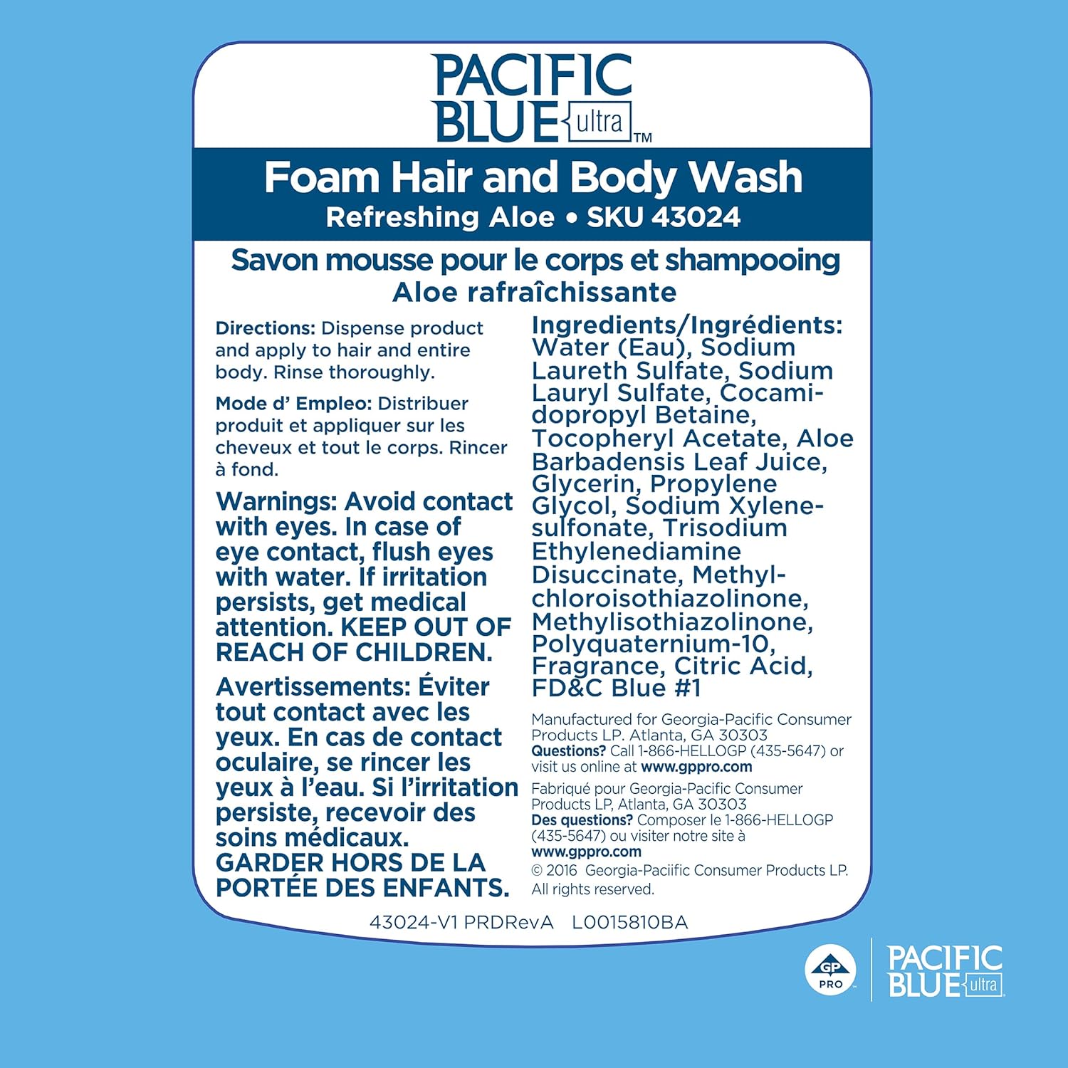 Pacific Blue Ultra Foam Hair and Body Soap Refill by GP PRO (Georgia-Pacific), Refreshing Aloe Scent, 43024, 1200 mL Per Refill, 4 Refills Per Case