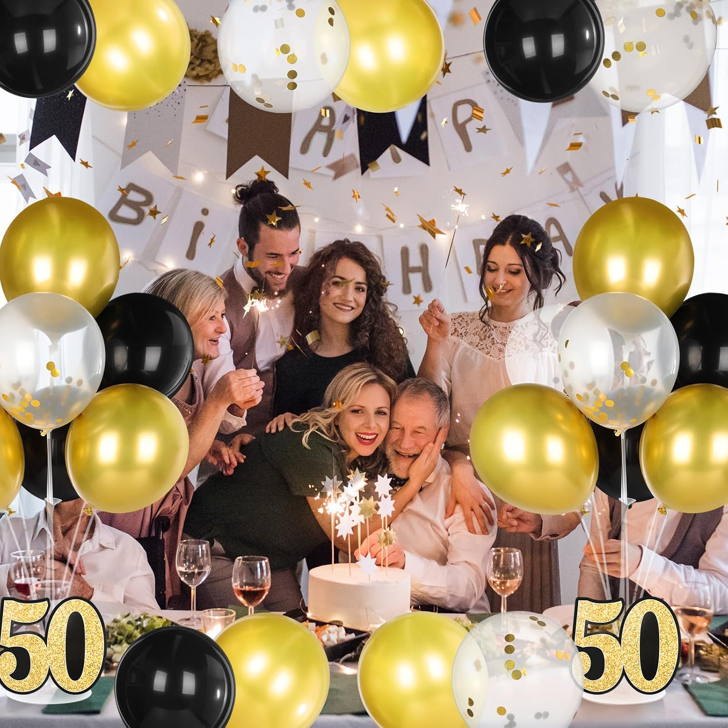 Leyndo 6 Set 50th Birthday Party Decorations Balloon Centerpieces for Table, Black Gold Confetti Balloon Stand Kit for Men Women, 50 Years Birthday Anniversary Table Decorations Suppiles