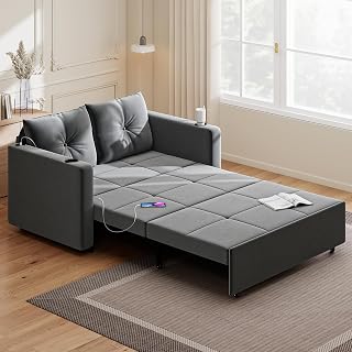 Krcix 3-in-1 56" Velvet Pull Out Sofa Bed, Convertible Loveseat Sleeper with USB Ports & Cup Holders, Grey - Small Space Couch