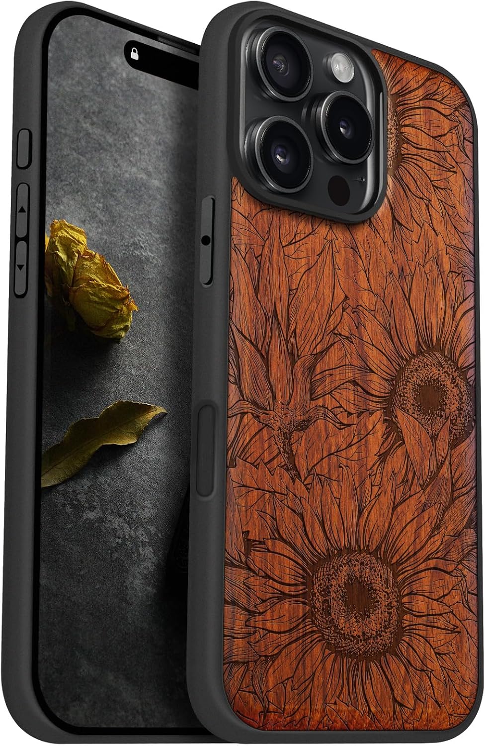 Carveit Magnetic Wooden Case for iPhone 16 Pro Max Case, Wood Artisan Engraved & Black Soft TPU Shockproof Cover, Compatible with MagSafe Wireless Chargers (The Helianthus Sketch) Rosy