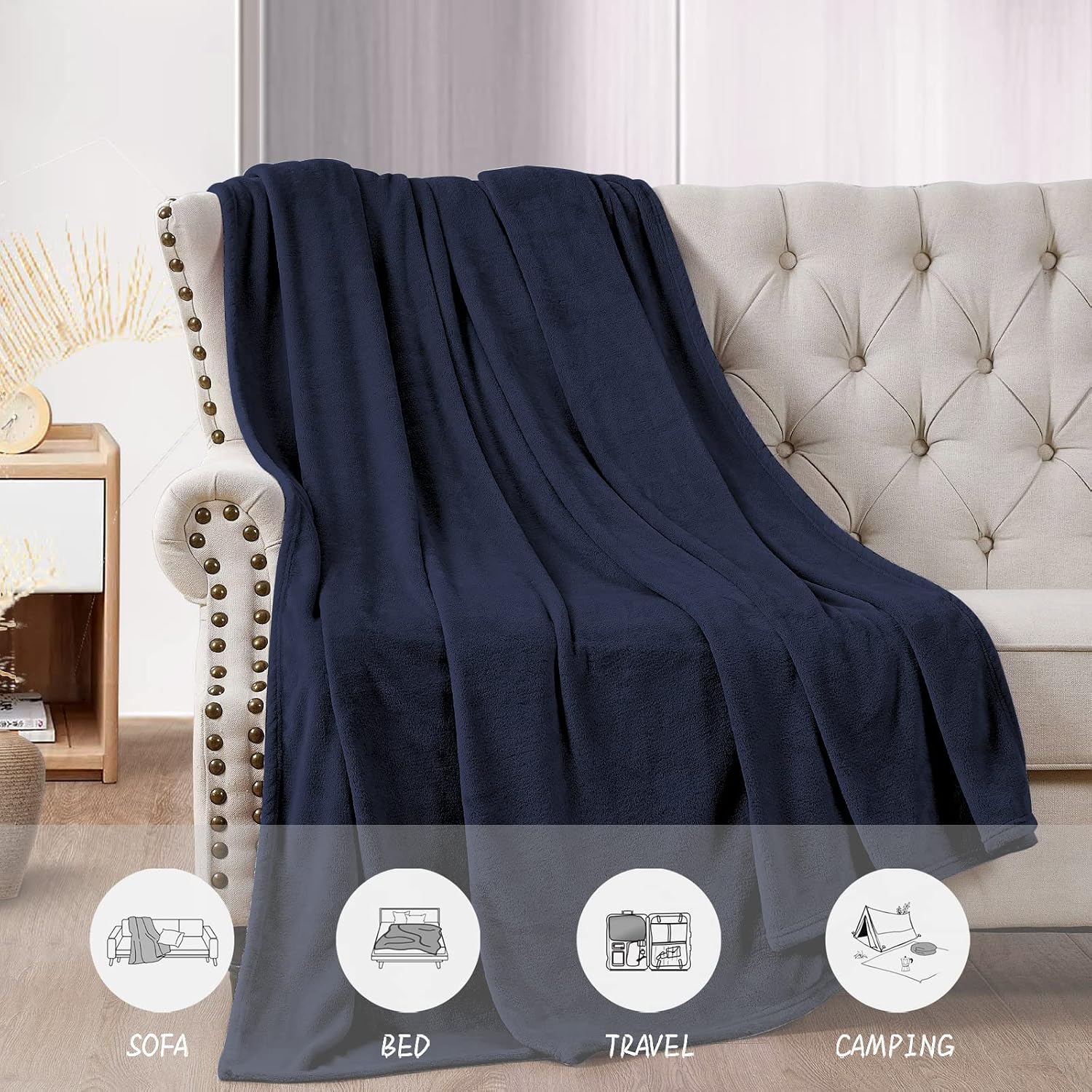 Soft Fleece Twin Size Blanket, Blue Lightweight Microfiber Blankets for Sofa, Bed, Couch, Travel, Breathable Thermal Warmth Comfort, 60” x 80”