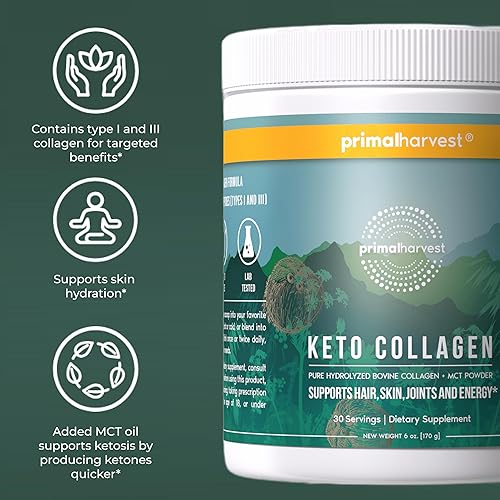 Vista 6 de Primal Harvest Polvo de colágeno Keto con aceite MCT tipo I y III péptidos de colágeno para mujeres y hombres, 30 porciones
