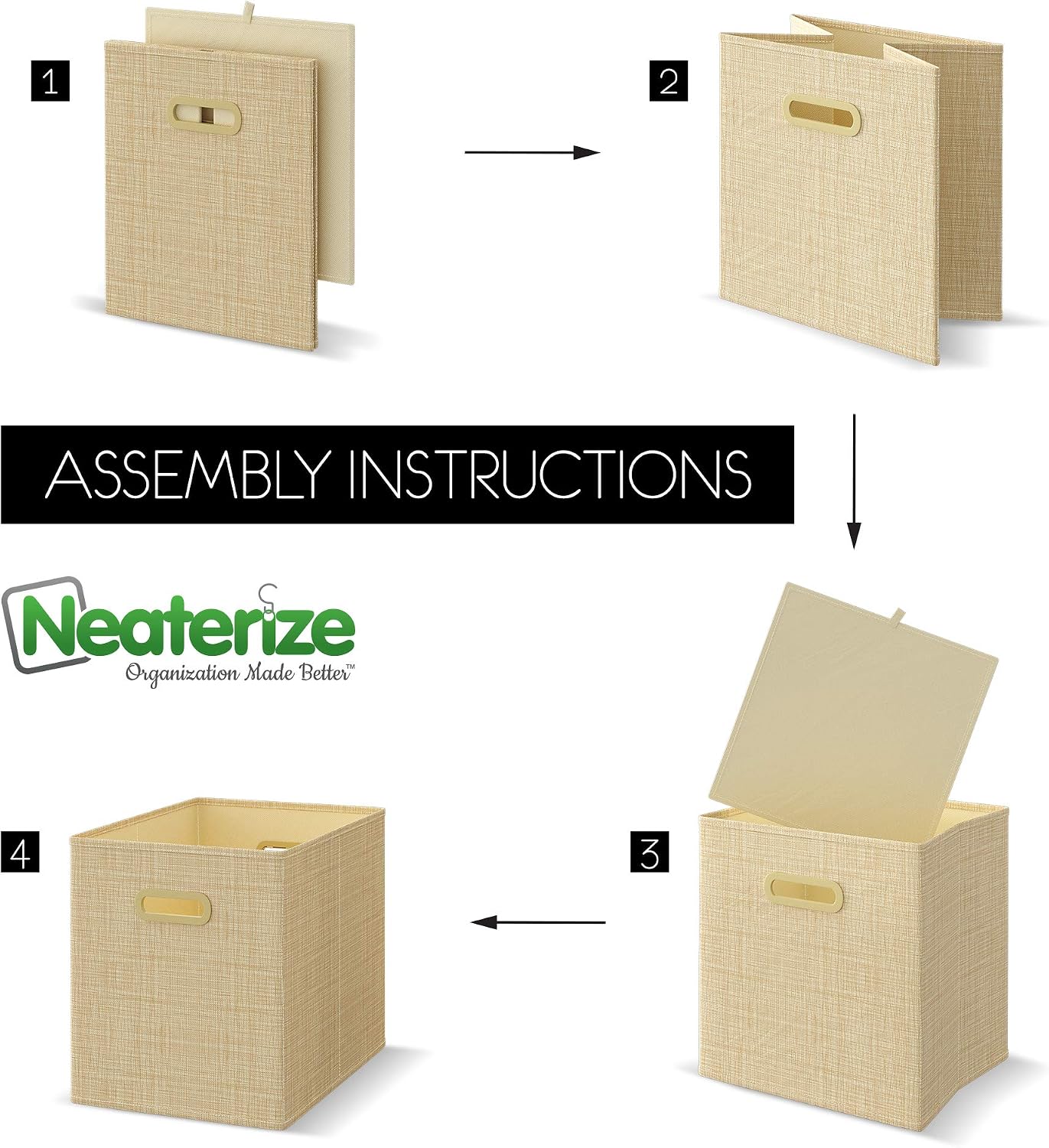NEATERIZE Storage Cubes - Set of 6 Storage Bins | Features Dual Plastic Handles | Cube Storage Bins | Foldable Closet Organizers and Storage | Fabric Storage Box for Home, Office (Beige)