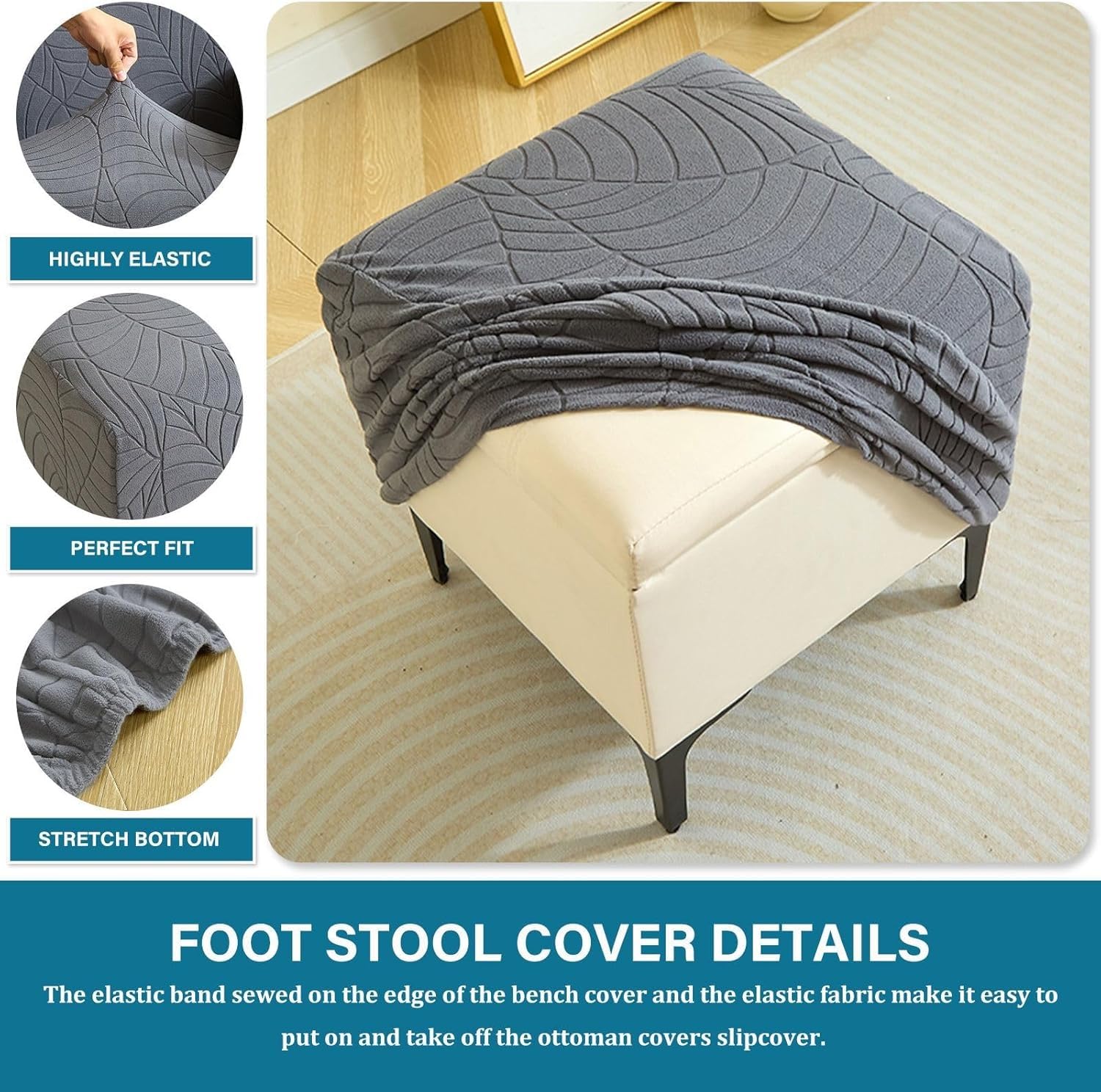 Copri Pouf Quadrato 40 x 40 Elasticizzato Fodera per Poggiapiedi, Estensibile Fodera per Sgabello Coprisgabello Copri Ottomano Copertura Protettiva per Poggiapiedi(Dark Grey)