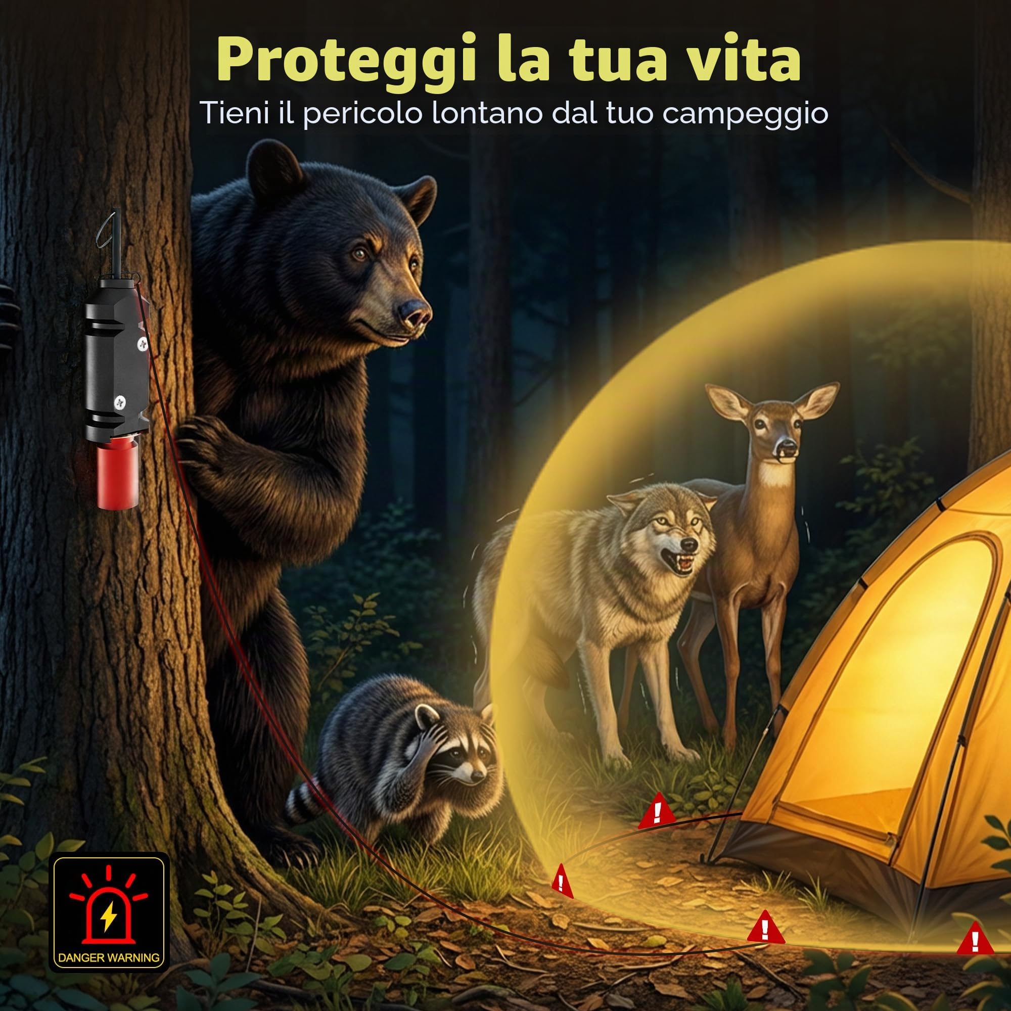 Confezione da 4 allarmi perimetrali da 12 gauge, dispositivo di allarme per campeggio, con 8 viti e catena di estensione, sistema di allarme rapido per campeggio e sicurezza esterna/deterrente per