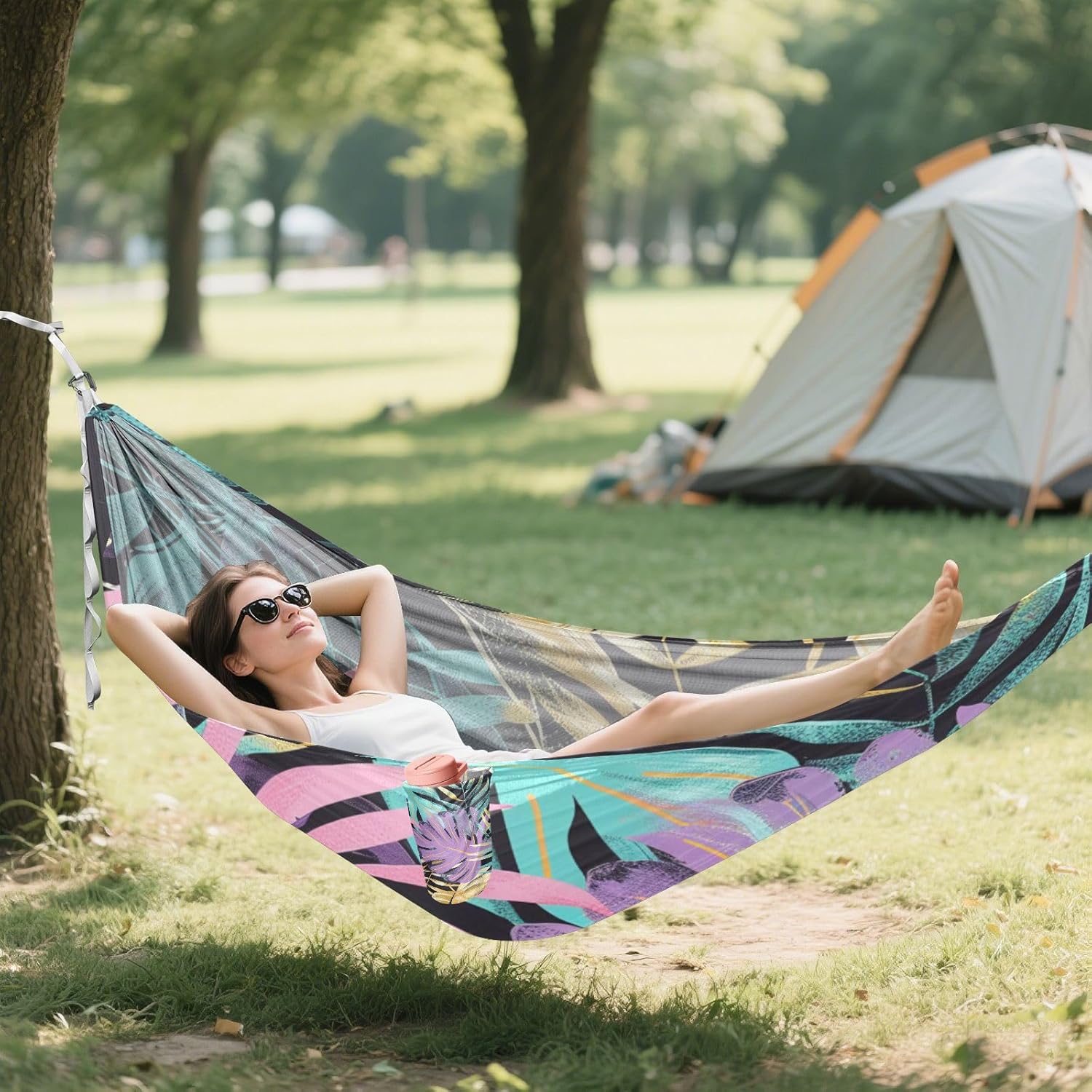 Pastel Color Tropical Leaves Hammocks for Camping Portable Hammock for Outside Patio Garden