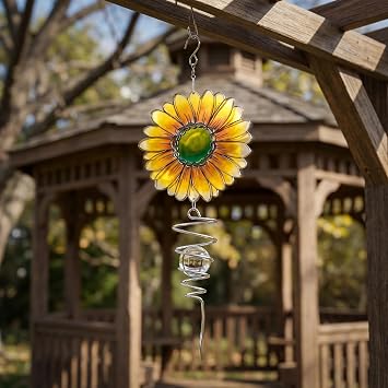 18" Wind Spinner Outdoor Hanging Metal Figurine Spinner for Garden Decor Ornaments,Lawn Yard Patio,Sunflower