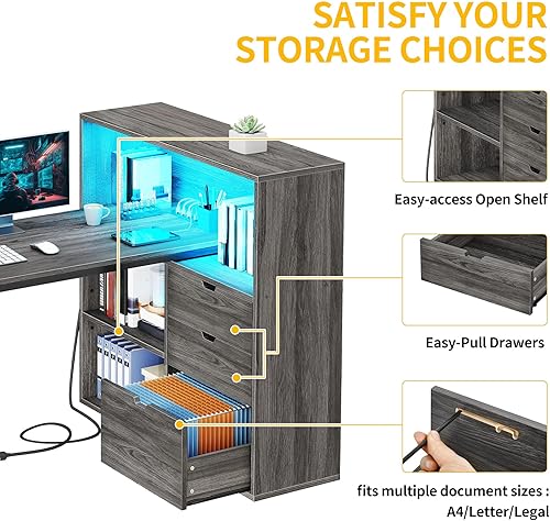 Miniatura 6 de DWVO - Escritorio en forma de L con cajones, escritorio de esquina para computadora de 55" con estante, tomas de corriente y luces LED, escritorio