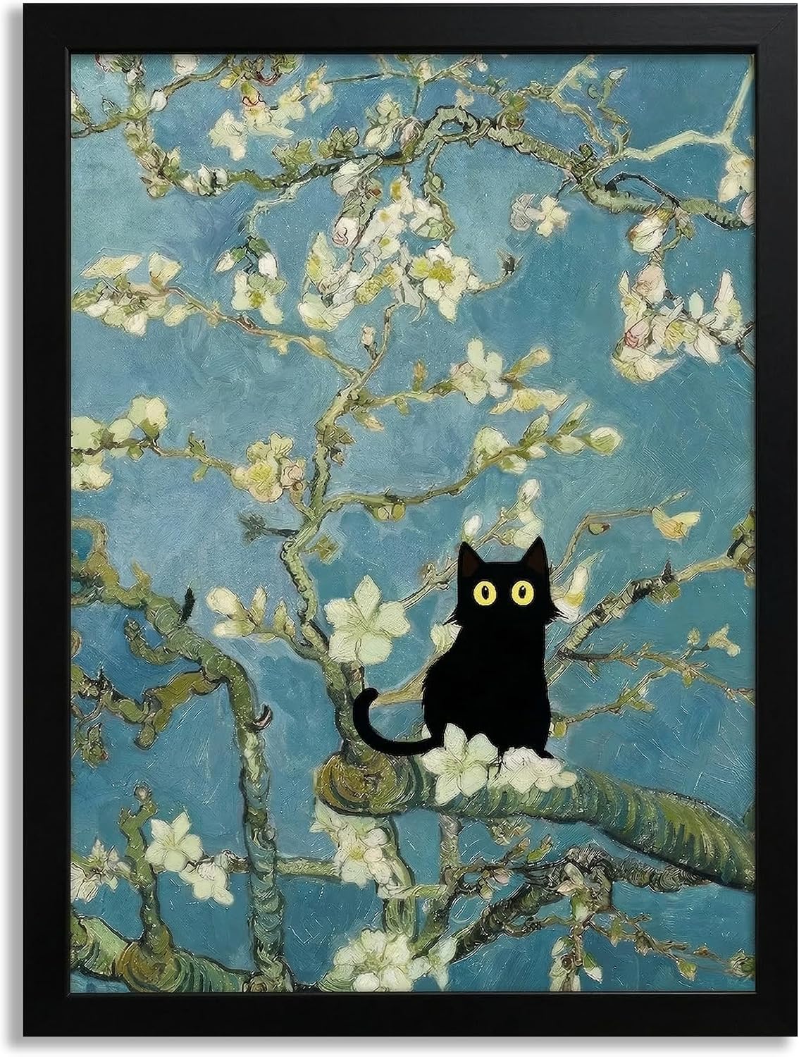 Pveror Funny Black Cat Wall Art Framed Print - Quirky Almond Blossom Floral Painting Parody with Black Frame, Humorous Vintage Decor for Bathroom, Bedroom, Living Room, Unique Gifts for Cat Lovers 12x16 Inch
