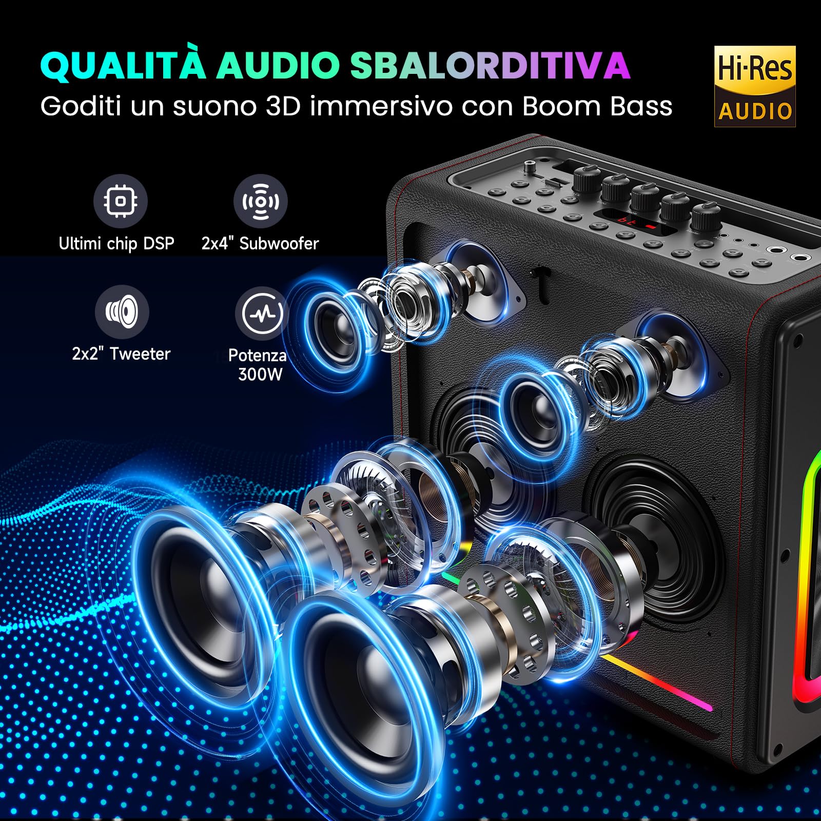 HWWR Karaoke con 2 Microfono Wireless Kit con LED, 300W Cassa Bluetooth 5.3, 36 ore, Sistema PA per Adulti Bambini Supporto TF/USB/FM/Registrazione/AUX/TWS, Canta Tu Karaoke 2026