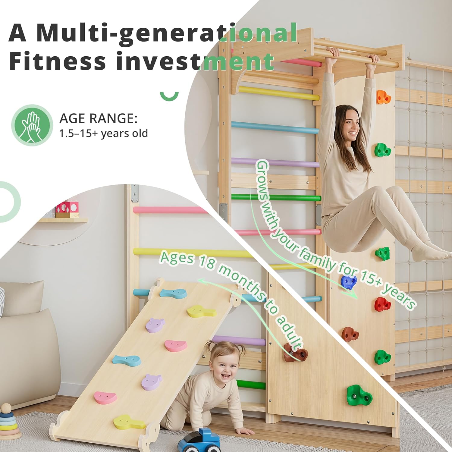 BlueWood 9-in-1 Wooden Swedish Ladder Wall Gym for Kids Indoor, Montessori Climbing Set with Swing, Slide, Rings & Monkey Bars, 500 lbs Capacity Space-Saving Playground for Toddlers Ages 3-8
