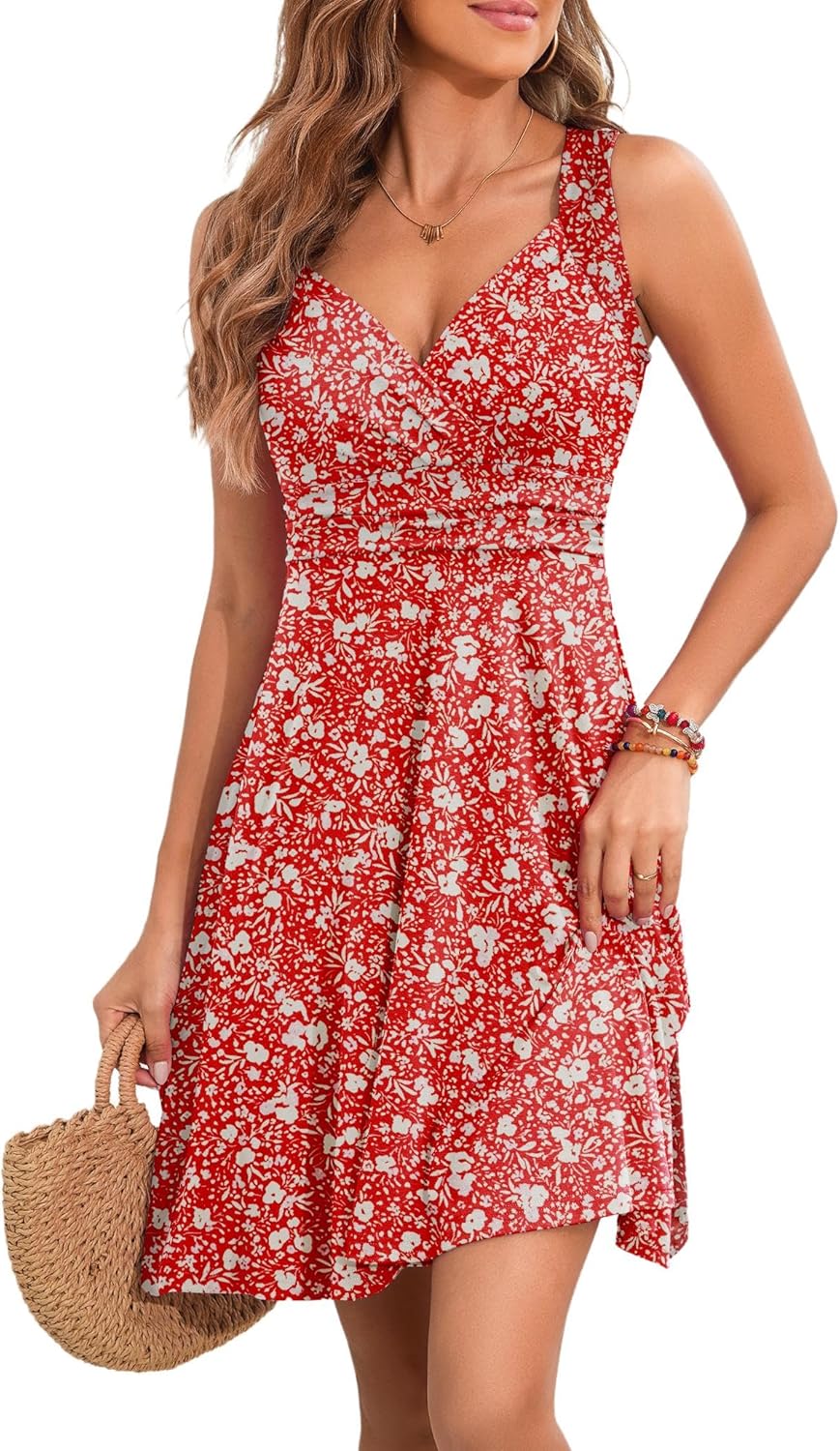 YUTILA Zomerjurk voor dames, V-hals, mouwloos, midi-bloemenpatroon, lichte jurk, strandjurk, roze, M
