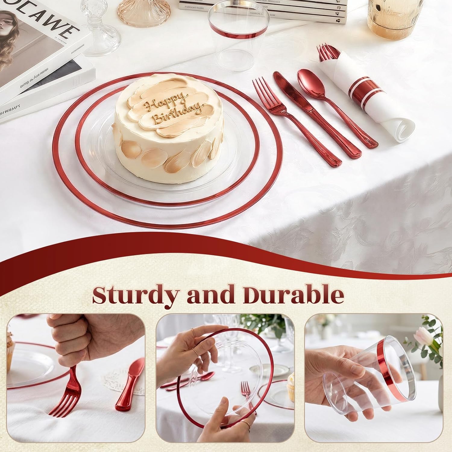 350pcs Plastic Dinnerware Set,Clear and Red Disposable Plastic Plates for 50 Guests Include 100 Plastic Plates,150 Plastic Silverware Set,50 Cups and 50 Pre Rolled Napkins for Father's Day