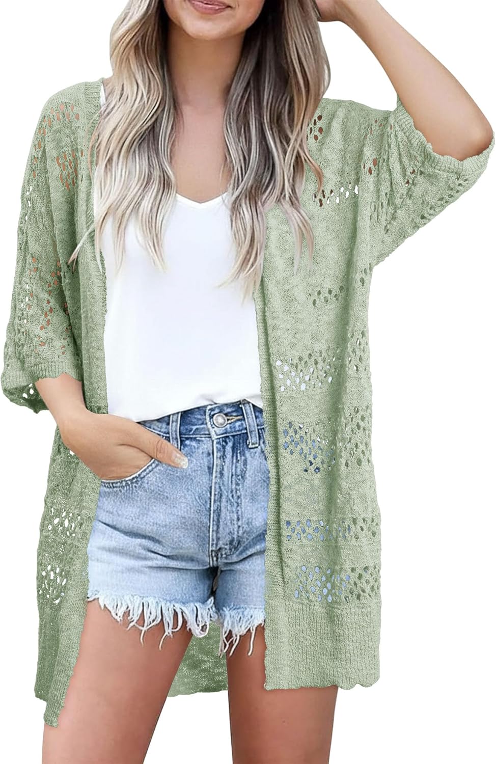 KISSMODA Women Crochet Cardigan Short Sleeve Knit Open Front Summer Sweater Beach Cover Up Dressy Casual S-XXL