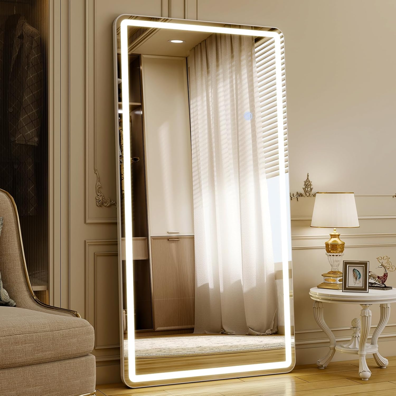 71"x32" LED Full Length Mirror – Standing Floor Body Mirror with Dimmable Lights 3 Color Modes – Adjustable Brightness, Wall-Mount or Leaning for Barber, Fitness Center, Dressing Room
