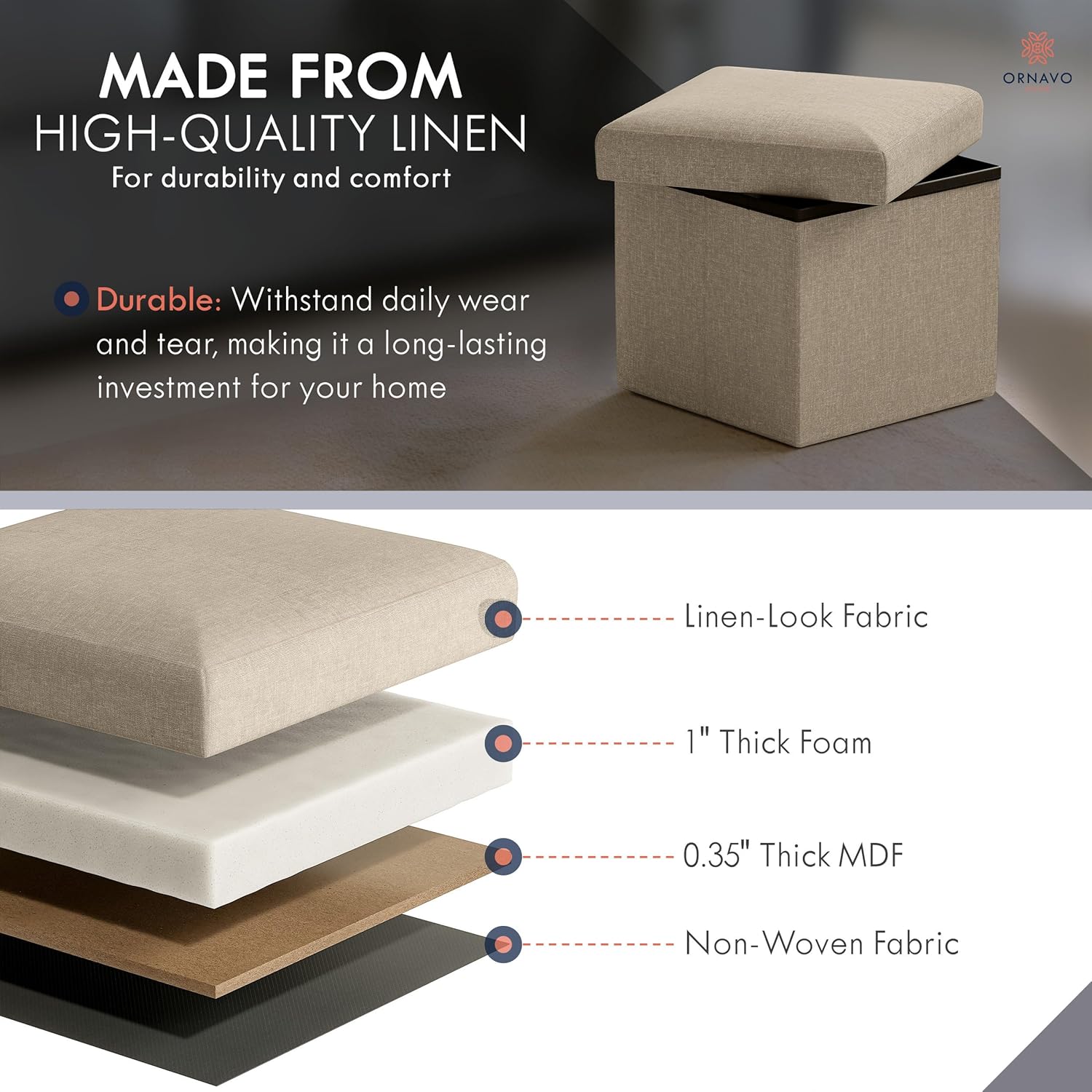 Ornavo Home Small Storage Ottoman Foldable Collapsible Cube Square Linen Ottoman Foot Rest Stool Seat, for Living Room, Bedroom, Home Office, Dorm - 12 x 12 x 12, Taupe - Image 4