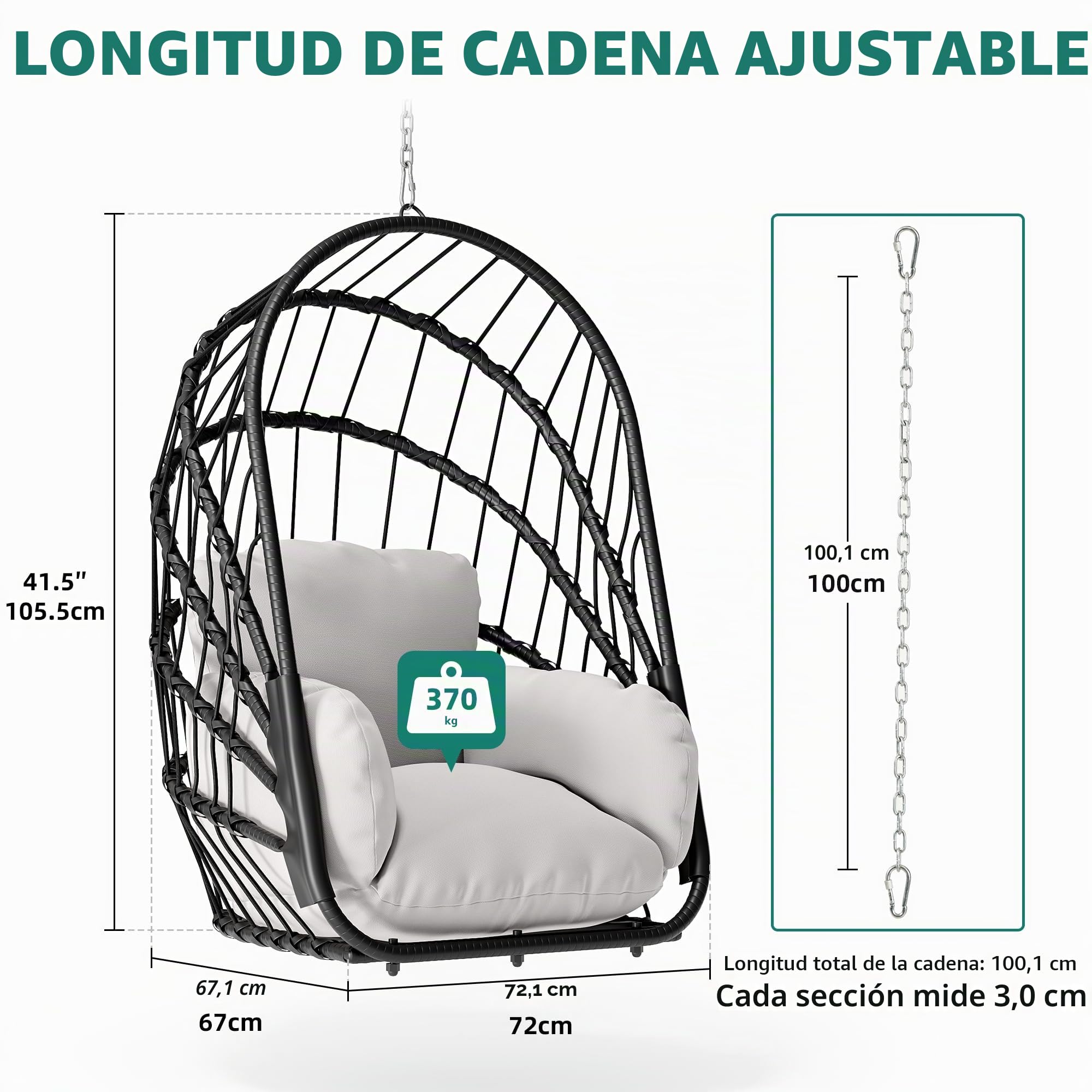 YITAHOME Hamaca colgante sin estructura, mecedora de ratán con cojín lavable, capacidad de carga de 160 kg, silla colgante plegable para terraza, jardín, dormitorio y balcón, color gris