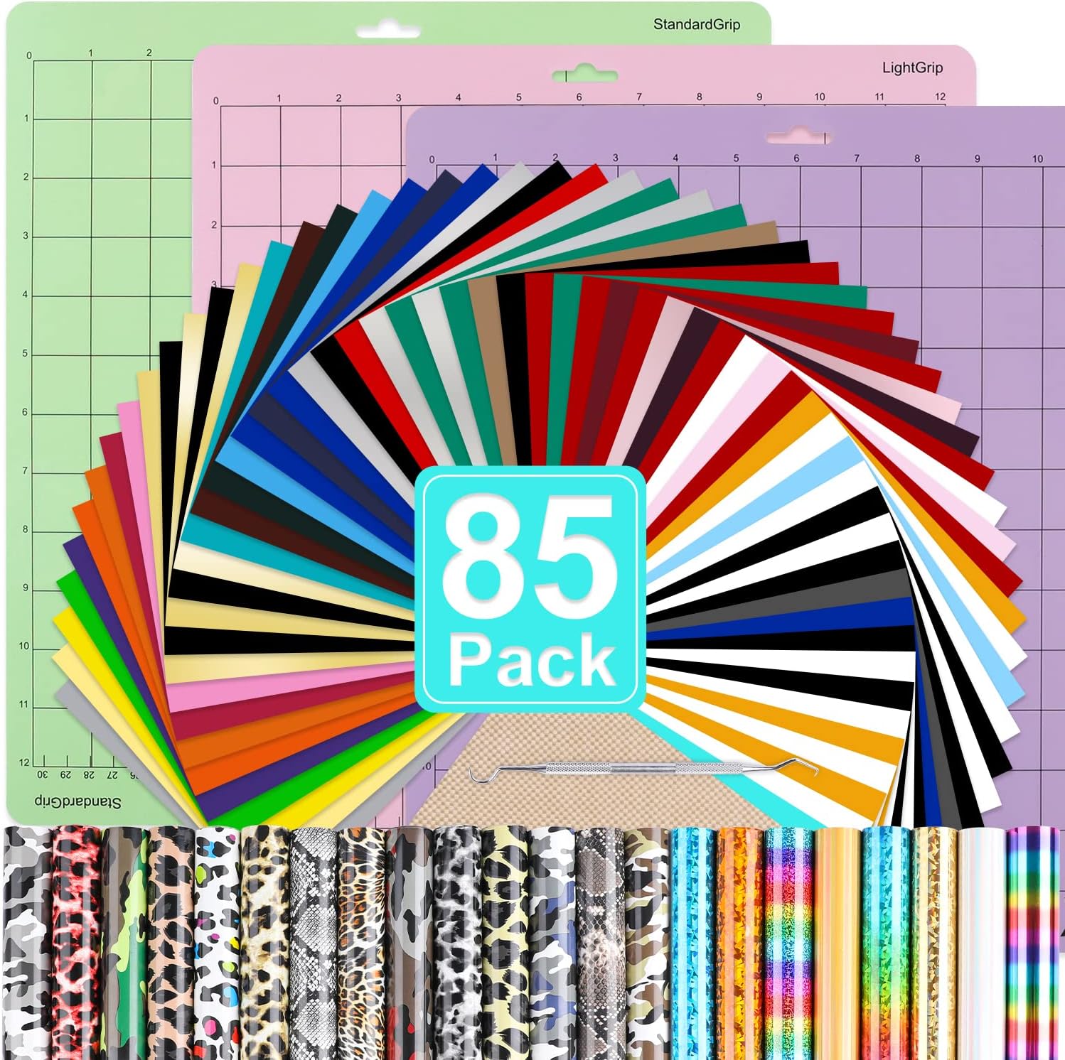 HTV Heat Transfer Vinyl Bundle: 85 Pack 12" x 10" Iron on Vinyl for T-Shirts, 53 Assorted Color HTV Vinyl with HTV Accessories Tweezers, HTV Vinyl Bundle Pack