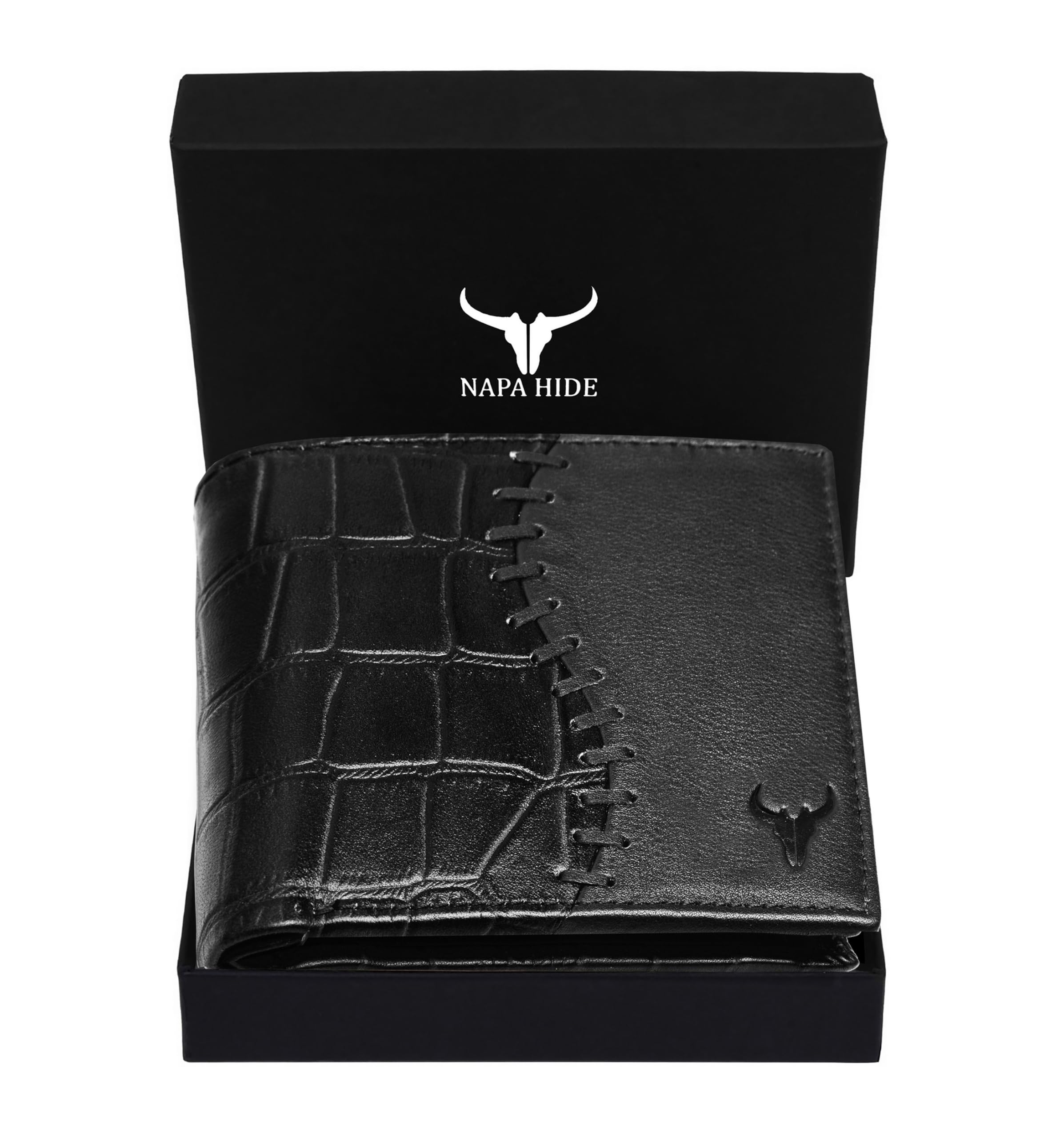 Black Leather Wallet for Men I 4 Card Slots I 2 Currency Compartments I 1 ID Window I 3 Secret Compartments I External Card Slot I 1 Coin Pocket