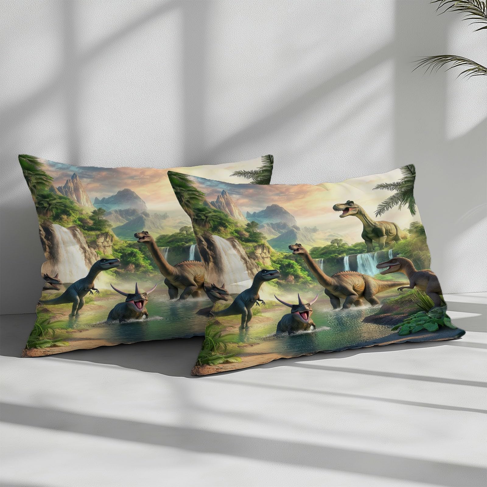 Dinosaure Dessin Animé Housse de Couette 1 Personnes 140 x 200 cm pour Ado Fille Enfants, Cascade Forêt Parures de Lit Hypoallergique en Microfibre avec Fermeture Éclair et 2 Taies d'oreiller