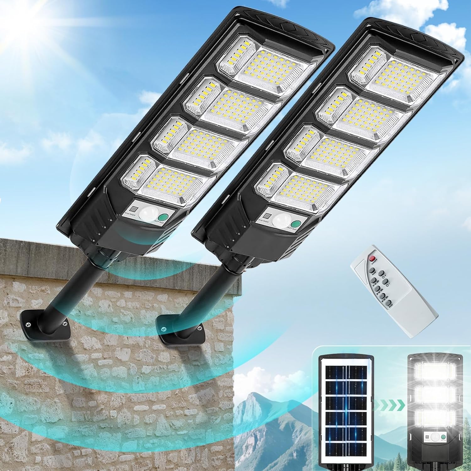 Photo voltaic Lights Outside Waterproof, 2 Pack Photo voltaic Avenue Lights 12000 Lumen with Movement Sensor, Flood Safety Gentle with Distant Management Nightfall to Daybreak Business Lighting for Yard Path 192LED