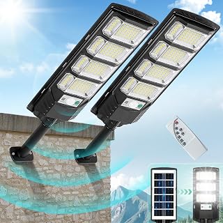 Solar Lights Outdoor Waterproof, 2 Pack Solar Street Lights 12000 Lumen with Motion Sensor, Flood Security Light with Remote Control Dusk to Dawn Commercial Lighting for Yard Path 192LED