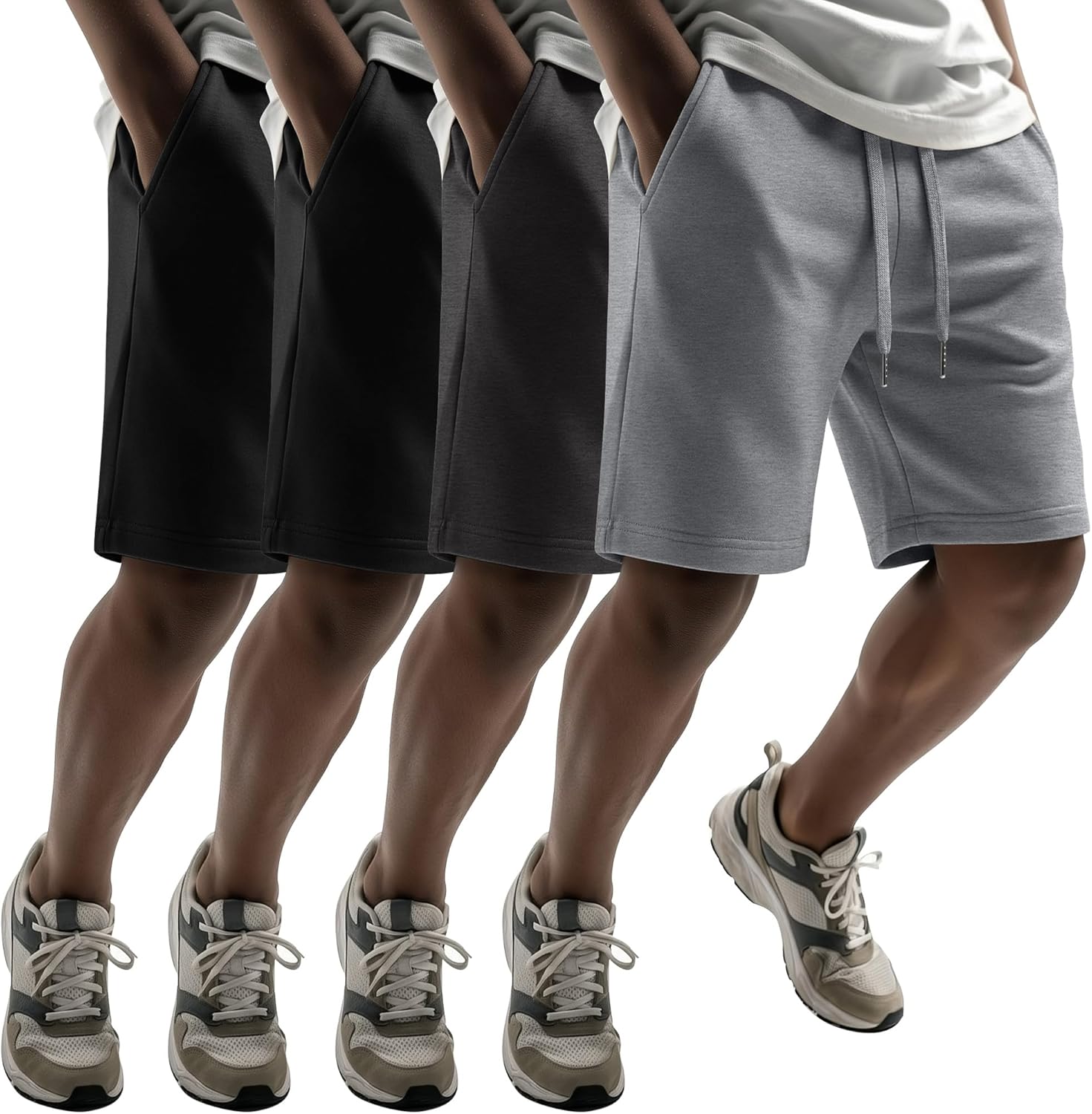 4 Pack Men‘s Athletic Shorts Pockets 9 Inch Sweat Summer Elastic Waist Workout Sports Gym Loose Fit Pants Clothes