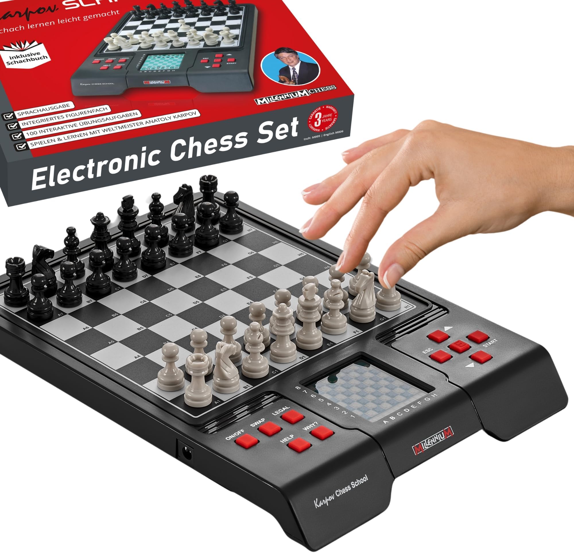 M805 Karpov Chess School - Chess Computer with textbook, interactive exercise tasks and voice output for beginners and children. Also suitable for schools and clubs