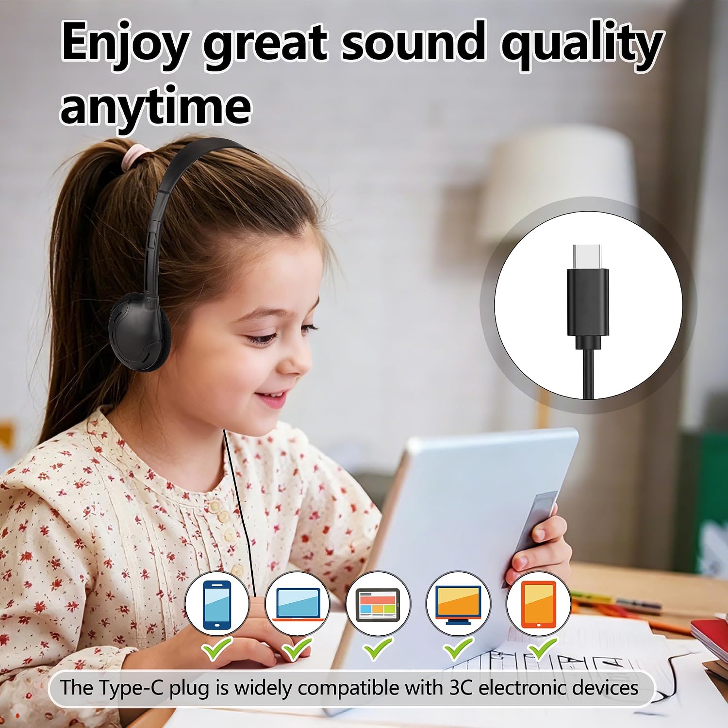 Type C Kids Headphones Bulk 30 Pack for Classroom School Students | USB C Wired Headphones Class Set for Boys Girls Adults Tablet Smartphones Computer School Testing Online Learning Library