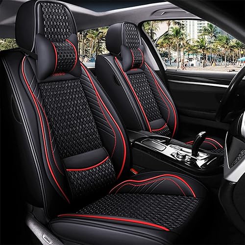 FREESOO Car Seat Covers Full Set, Leather Seat Cover Breathable Automotive Cushion Accessories with Lumbar Support Universal Fit 5 Passenger Vehicle (Black Red 9)