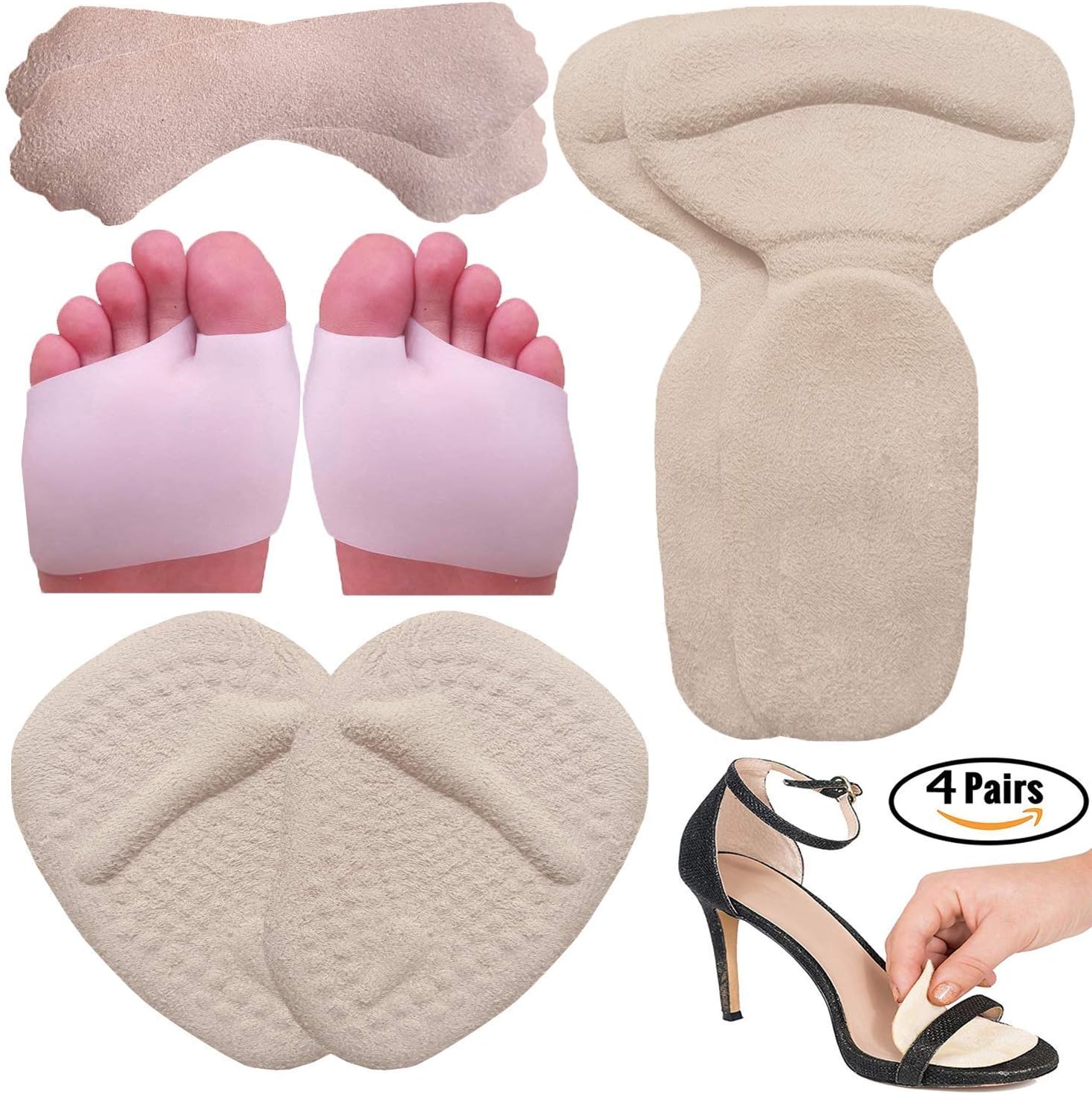 High Heel Pads | Gel Metatarsal pads for women Ball of Foot Cushions, Heel Grips, Gel Metatarsal Pads, High Heel Gel Inserts | All Day Pain Relief and Comfort One Size Fits Shoe Inserts (8 Pieces)
