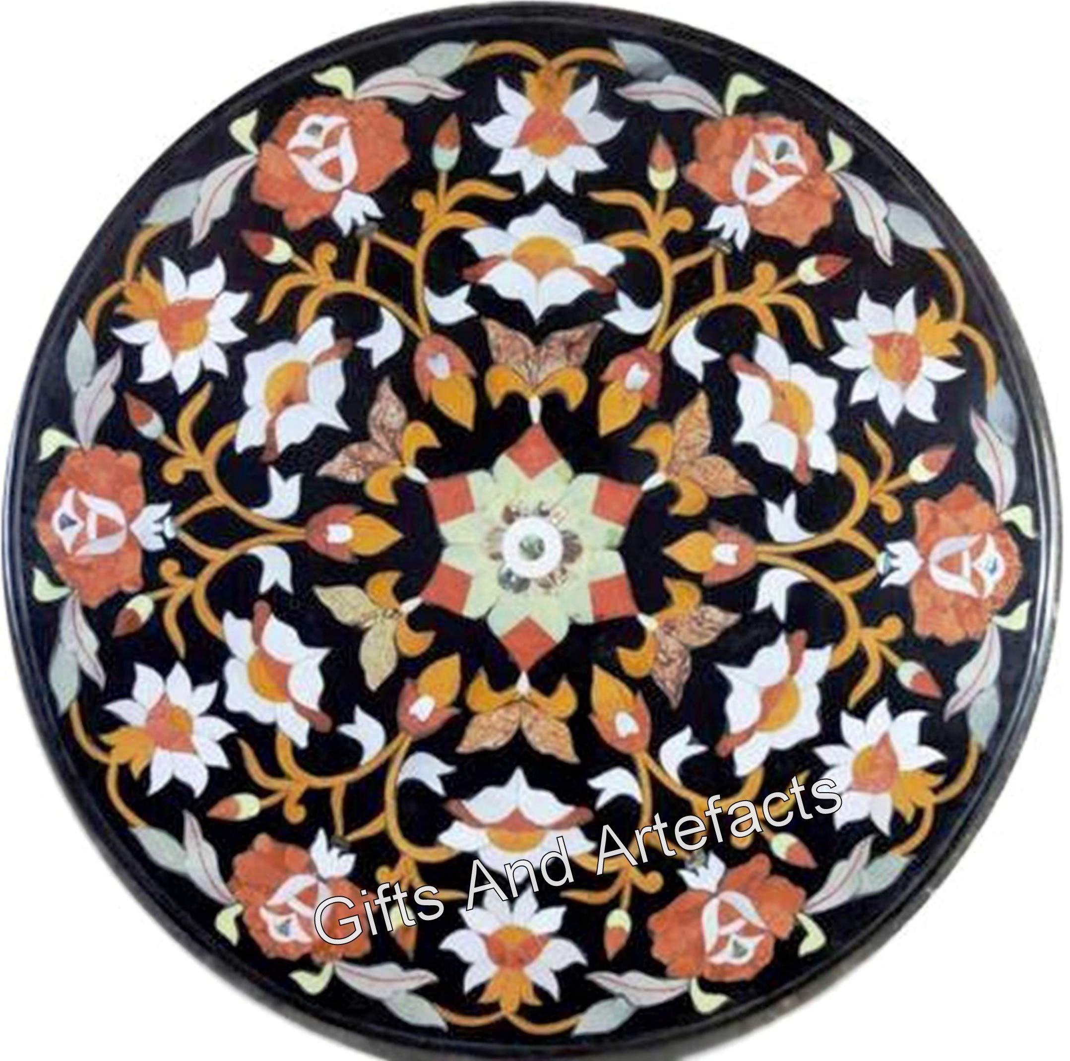 Table basse ronde en marbre noir 45,7 x 45,7 cm Indian Heritage Art and Crafts