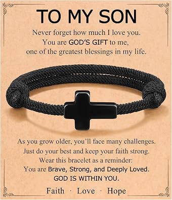 Son Cross Rope Bracelet, Adjustable Christian Gifts from Mom Dad for Teen Boys Birthday Christmas Easter