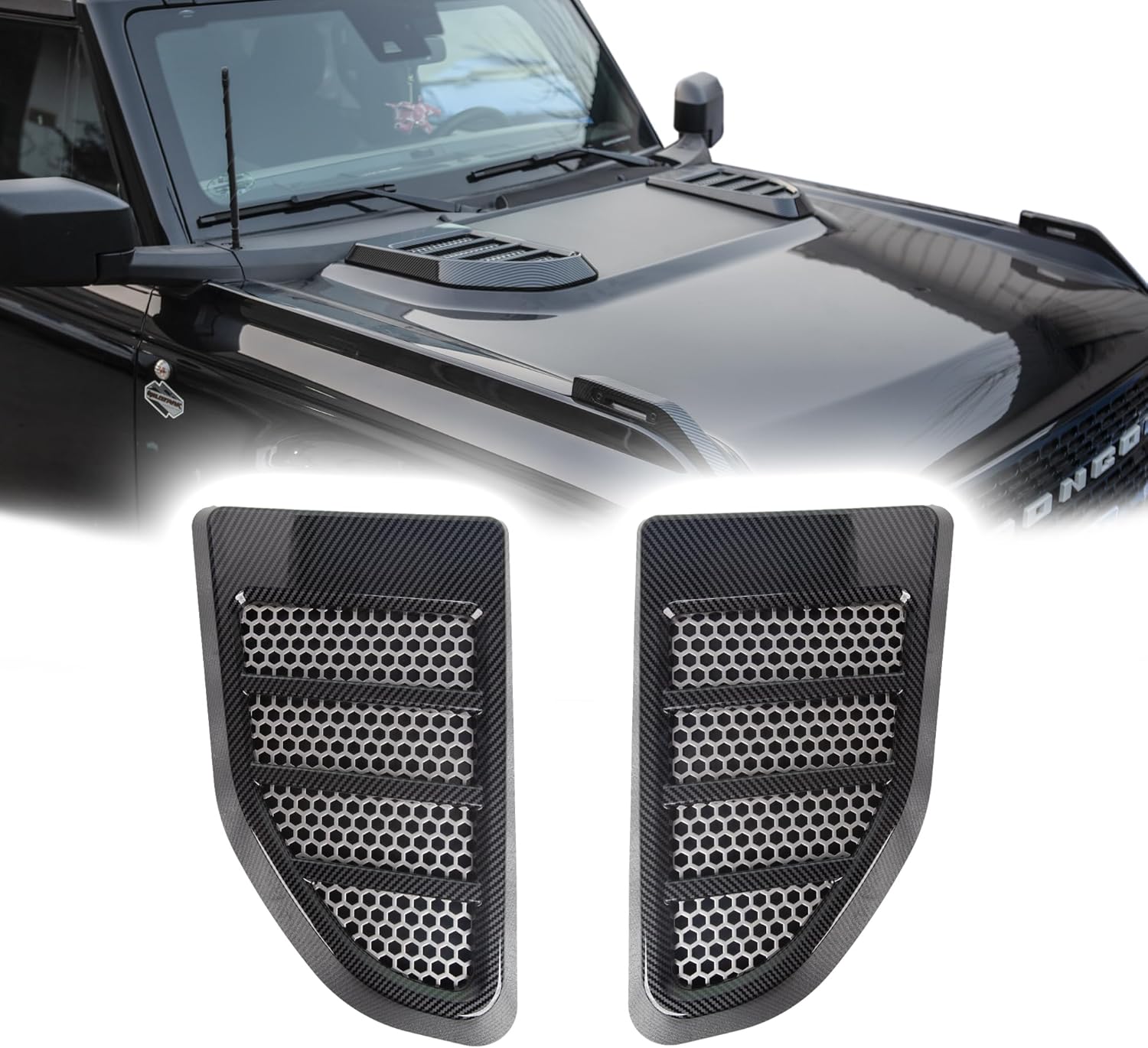 Engine Hood Vent Trim Cover Fit for 2021-2025 Ford Bronco 2/4-Door Excluding Sport, External Accessories, Air Vent Outlet Grille Cover Trim, ABS, Carbon Fiber, 2pcs