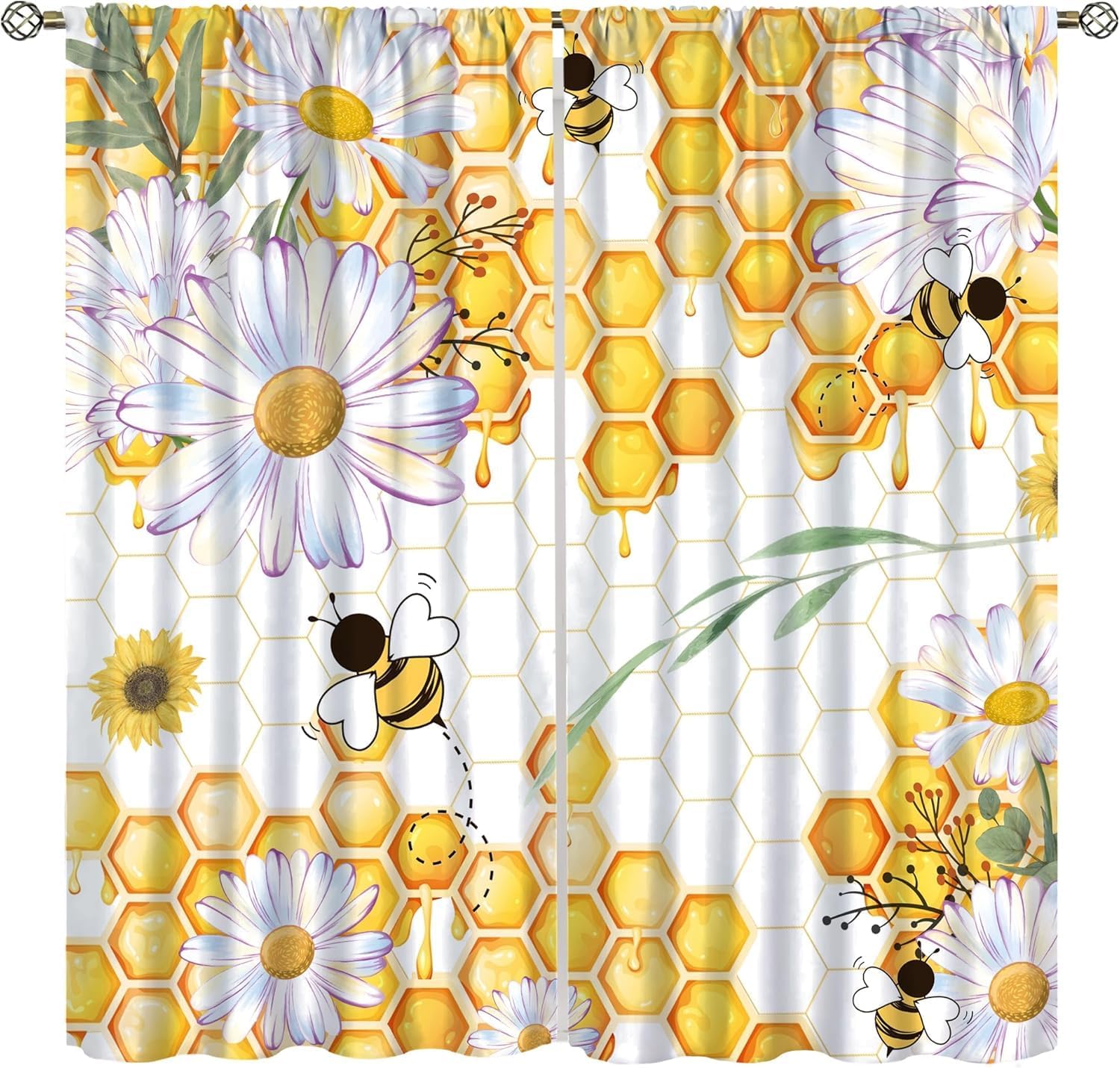 Bee Gnome Sunflower Curtains Floral Farmhouse Cartoon Honeycomb Sunshine Window Treatments for Bedroom Kitchen Living Room Drapes 42x45 Inch