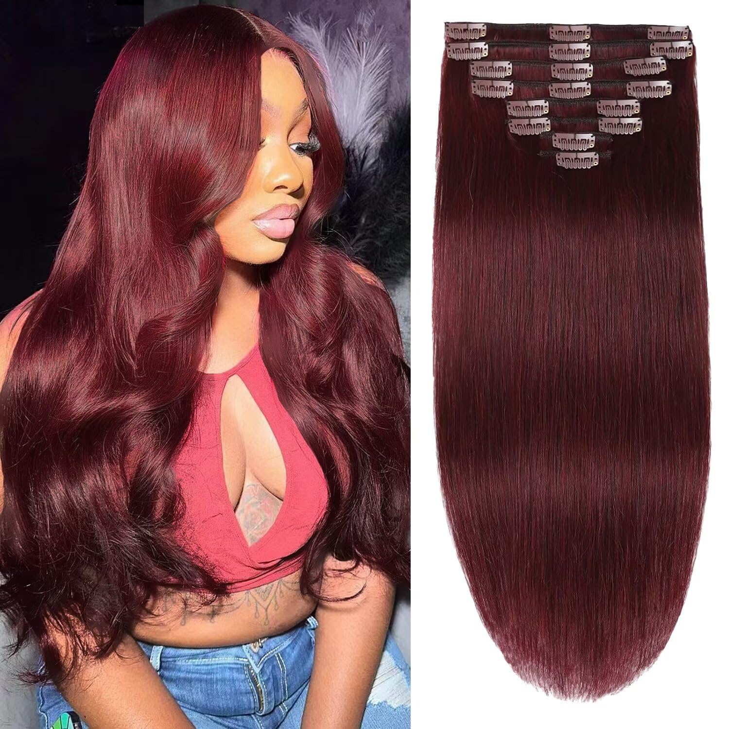 Photo 1 of Tebelove Clip in Hair Extensions Real Human Hair 3.9oz/110g Clip ins 100% Brazilian Remy Human Hair Extension for Women 8pcs Per Set with 18 Clips Double Weft (22 Inch #99J Burgundy)